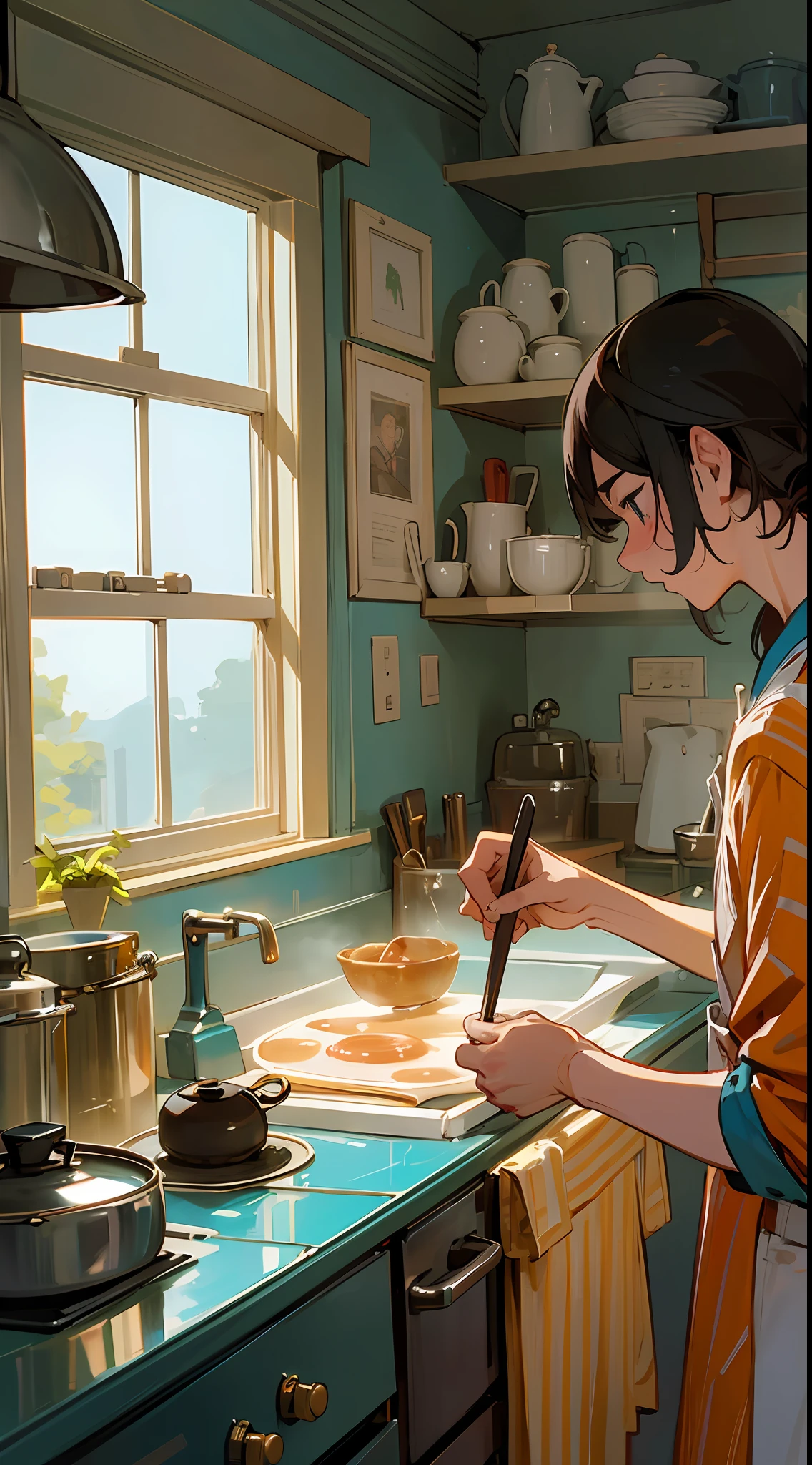 create a picture in the style of Wes Anderson depicting some one cooking in a kitchen. Zoom in on the hands --auto --s2