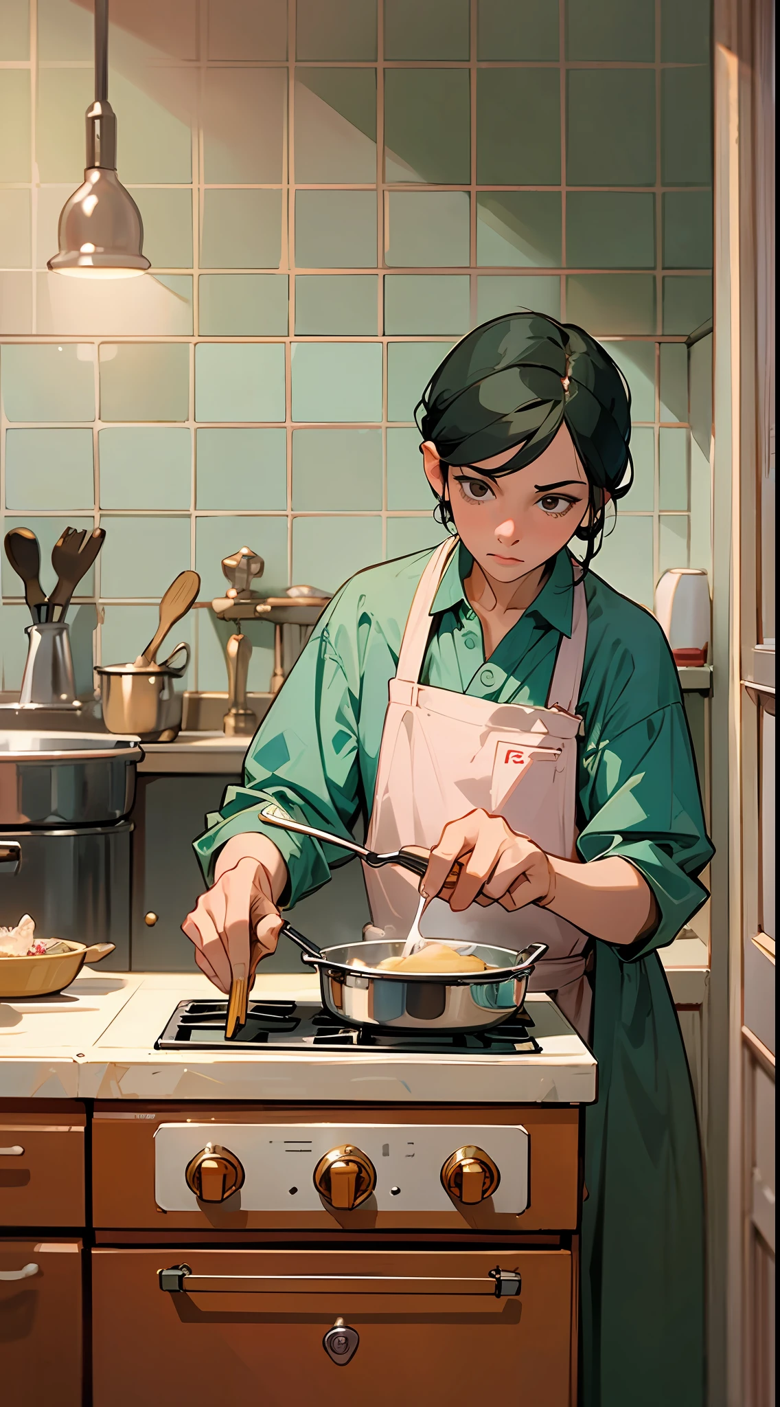 create a picture in the style of Wes Anderson depicting some one cooking in a kitchen. Zoom in on the hands --auto --s2