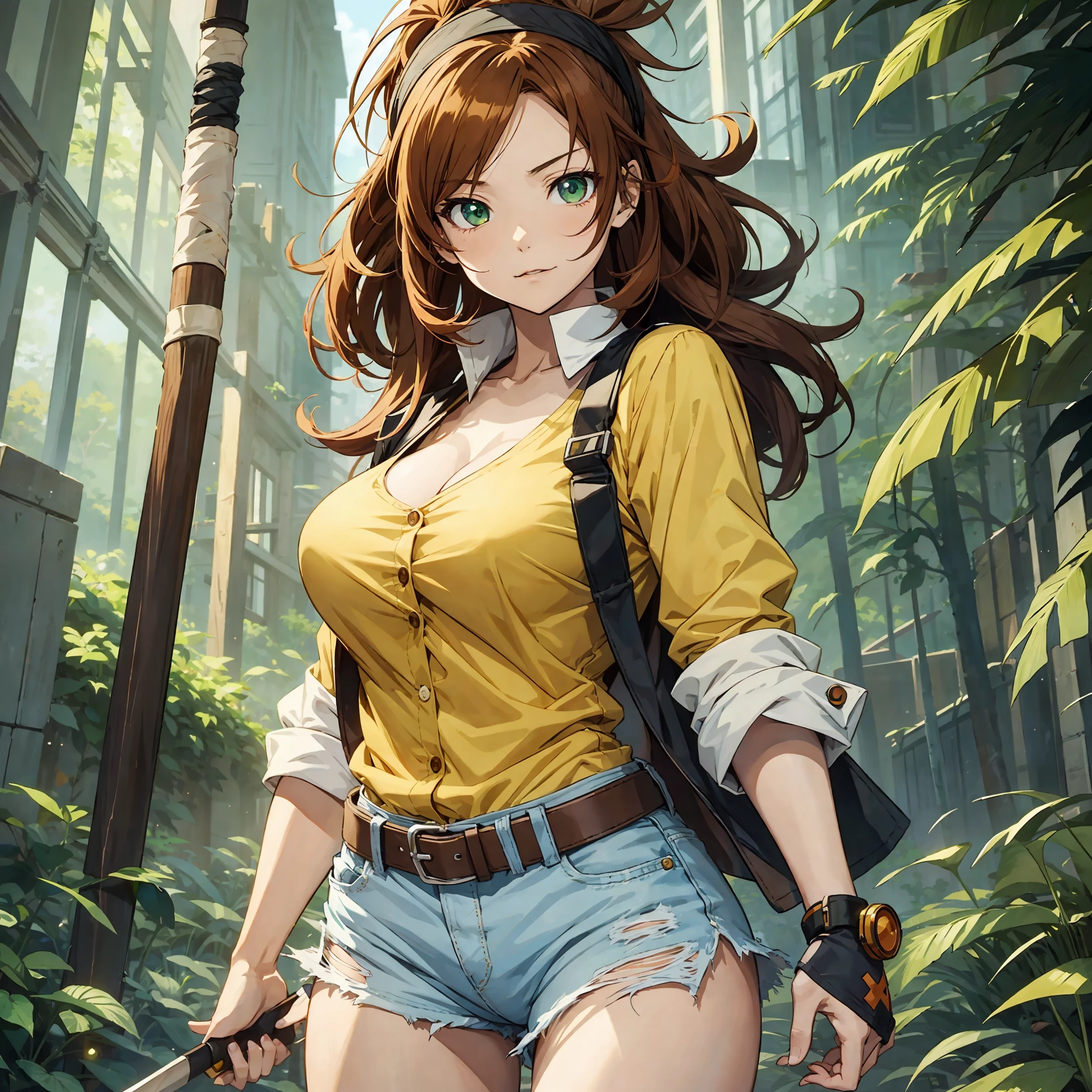 Woman, anime style, torn shirt, yellow shirt, reddish brown hair, solo, full body, torn shorts, green headband, a hunting spear, detailed eyes, large breasts, anime style, anime, vampire, xmen, anime --auto --s2