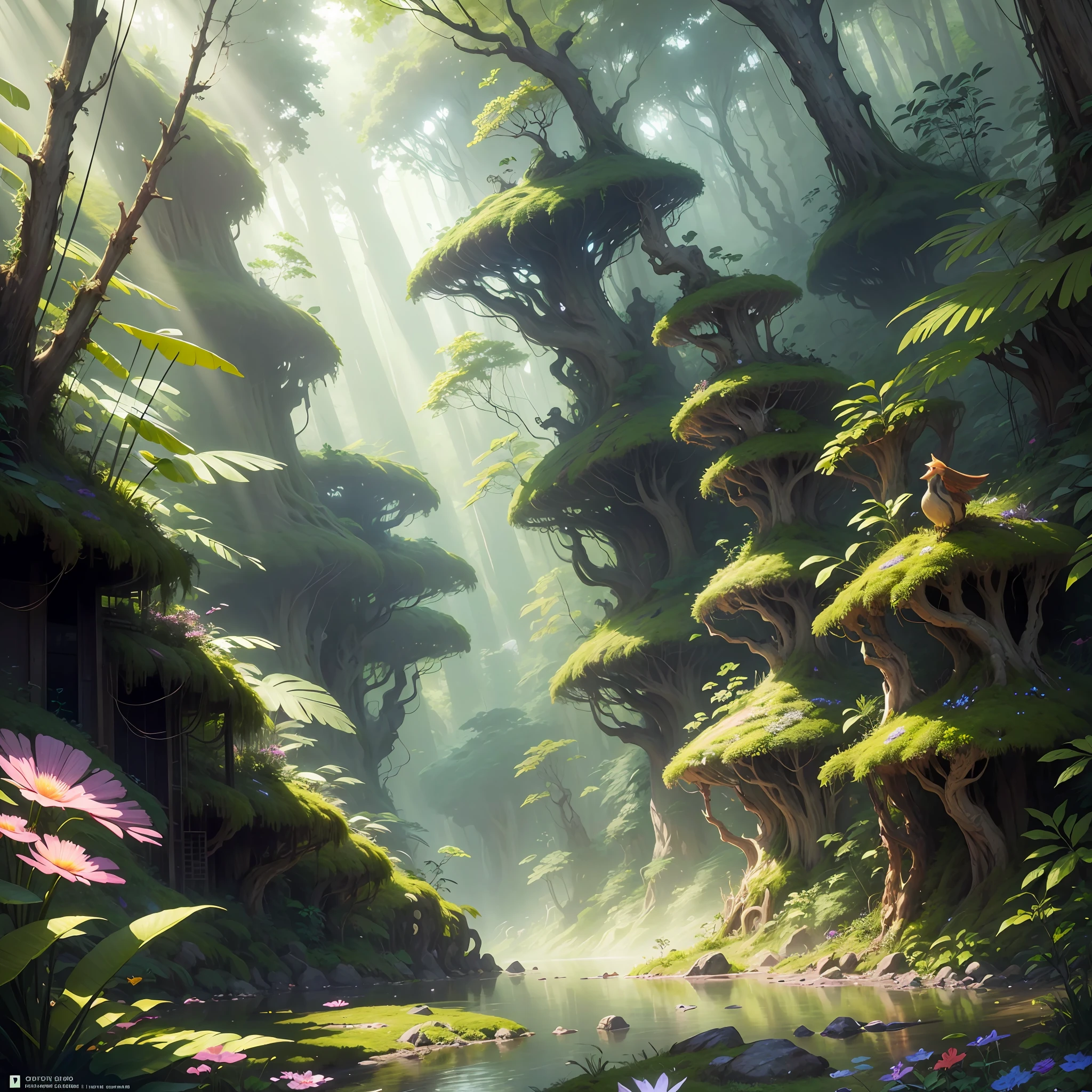 Digital illustration, detailed and intricate, picture of a dense rainforest with wild flowers , the sunlight filtering through the canopy to a wide river, Dark and dirty prism effect.In the style of Yoshitaka Amano and Hayao Miyazaki, masterpiece, proportional, detailed, trending on artstation, beautiful lighting, realistic, intricate, award winning, 4k, highest quality Award-winning, 4K digital painting in the style of Yoshitaka Amano. Detailed and intricate depiction of rainforest ecosystem, masterfully capturing the chaos and drama of the nature. Beautiful lighting and cinematic composition make this piece a true masterpiece, trending on artstation --auto --s2