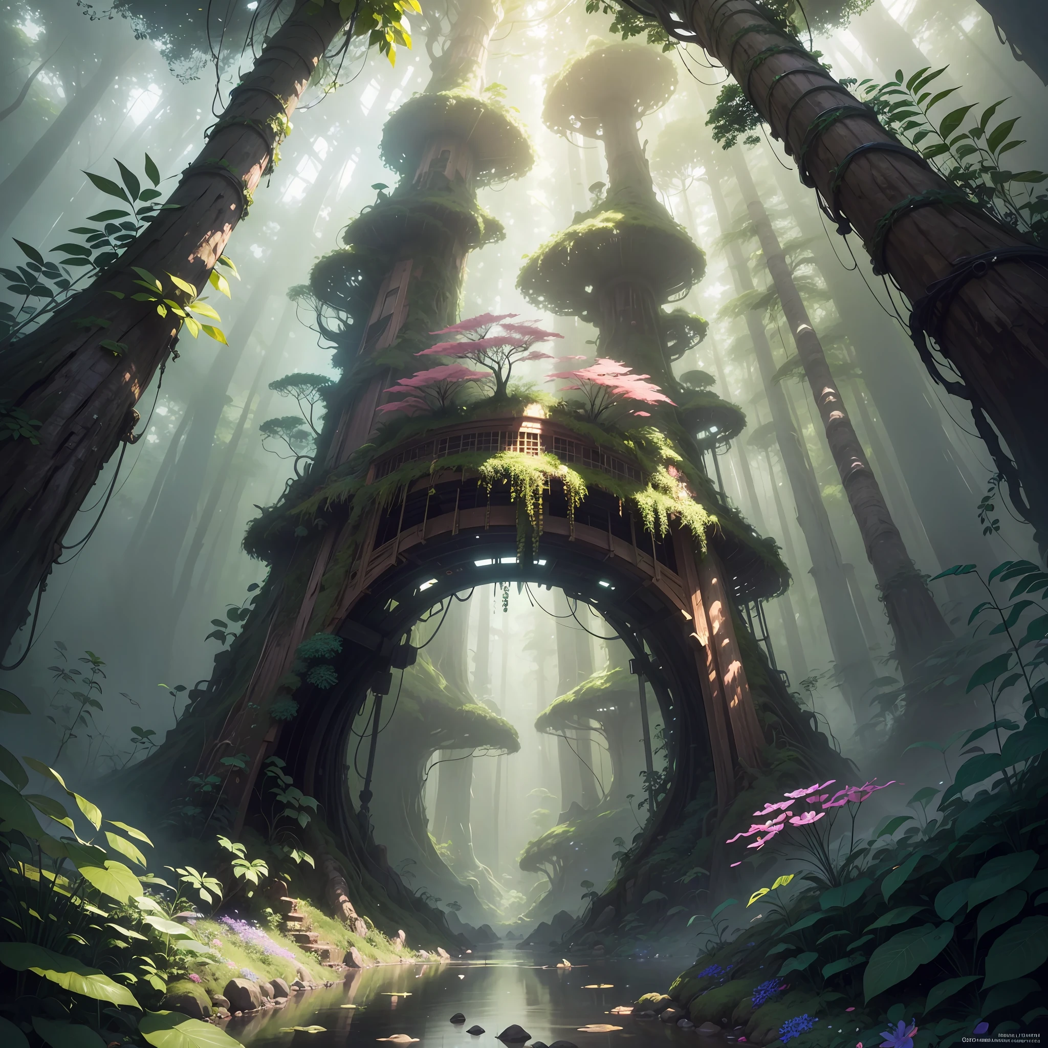 Digital illustration, detailed and intricate, picture of a dense rainforest with wild flowers , the sunlight filtering through the canopy to a wide river, Dark and dirty prism effect.In the style of Yoshitaka Amano and Hayao Miyazaki, masterpiece, proportional, detailed, trending on artstation, beautiful lighting, realistic, intricate, award winning, 4k, highest quality Award-winning, 4K digital painting in the style of Yoshitaka Amano. Detailed and intricate depiction of rainforest ecosystem, masterfully capturing the chaos and drama of the nature. Beautiful lighting and cinematic composition make this piece a true masterpiece, trending on artstation --auto --s2