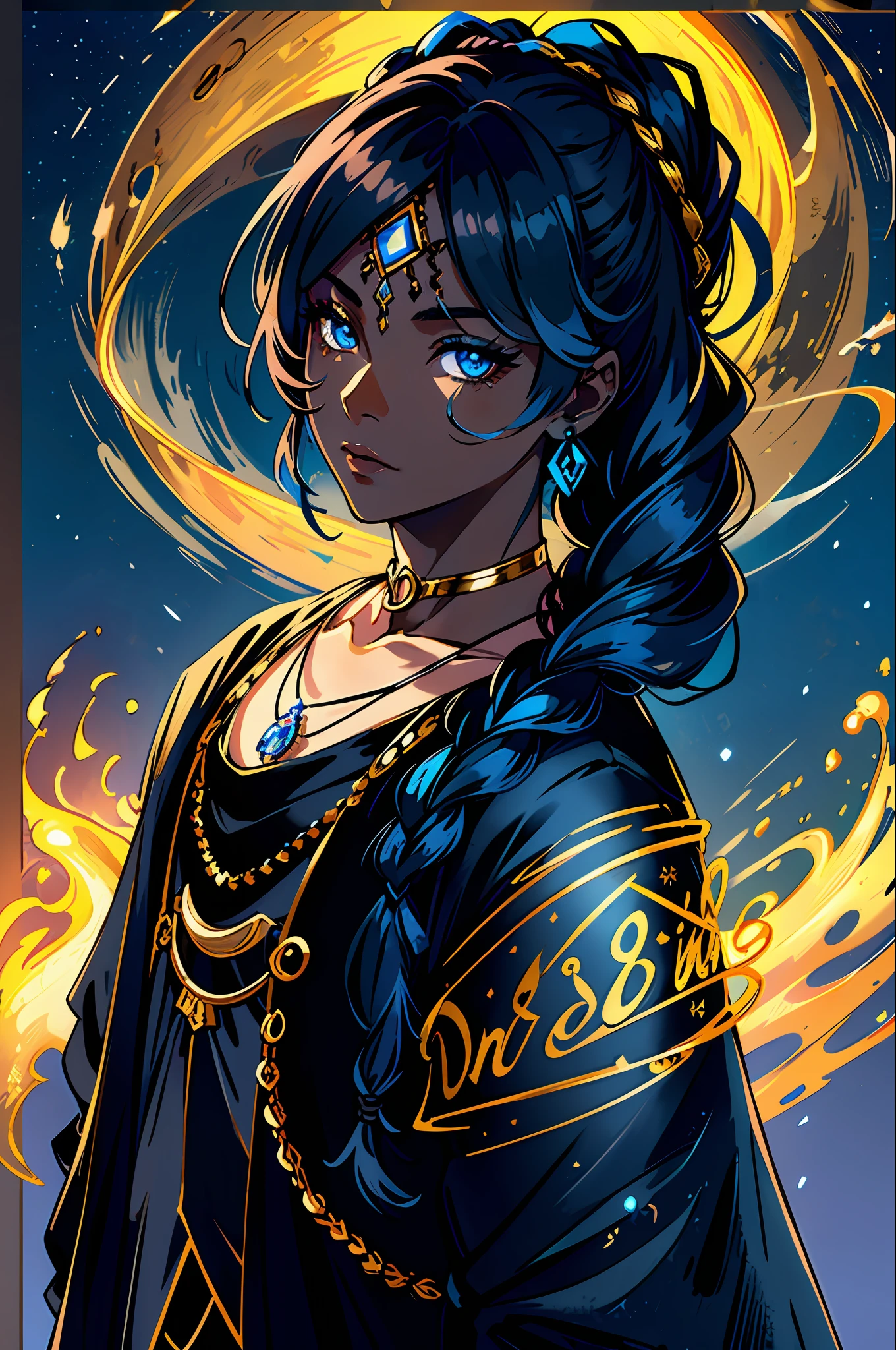masterpiece, best quality, 1boy, (colorful),(finely detailed beautiful eyes and detailed face),cinematic lighting,bust shot,extremely detailed CG unity 8k wallpaper,ddark blue hair,solo,golden jewelry, necklaces, bracelets, intricate tattoo,, moonlight, moon, night, (dark theme:1.3), light, fantasy, boy, ((dark skinned)), ((braided hairs)), blue eyes,