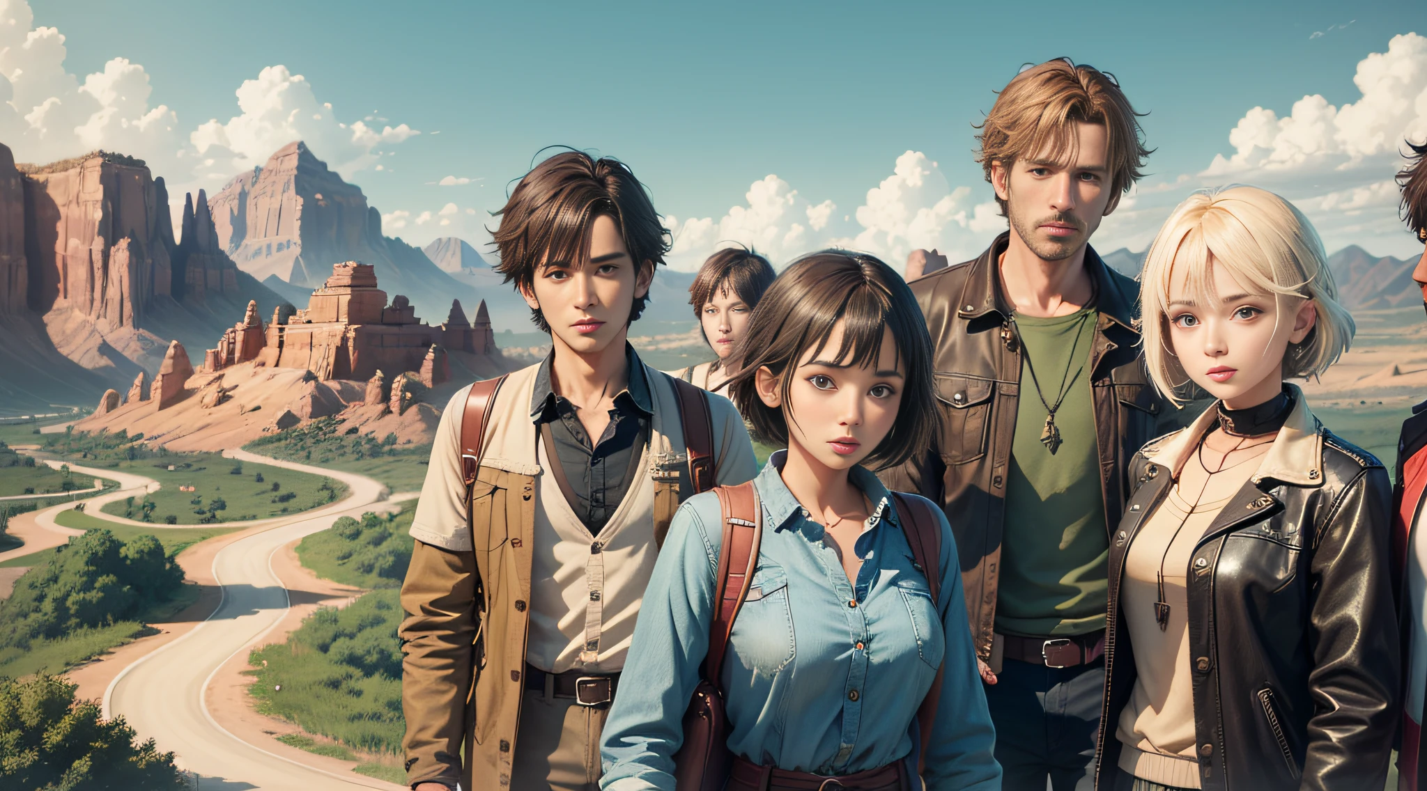 We were a group of six, four men and two women, meeting on a road trip with a background of outside the city, dioramas, anime, UHD, textured skin, high quality, high detail --auto --s2