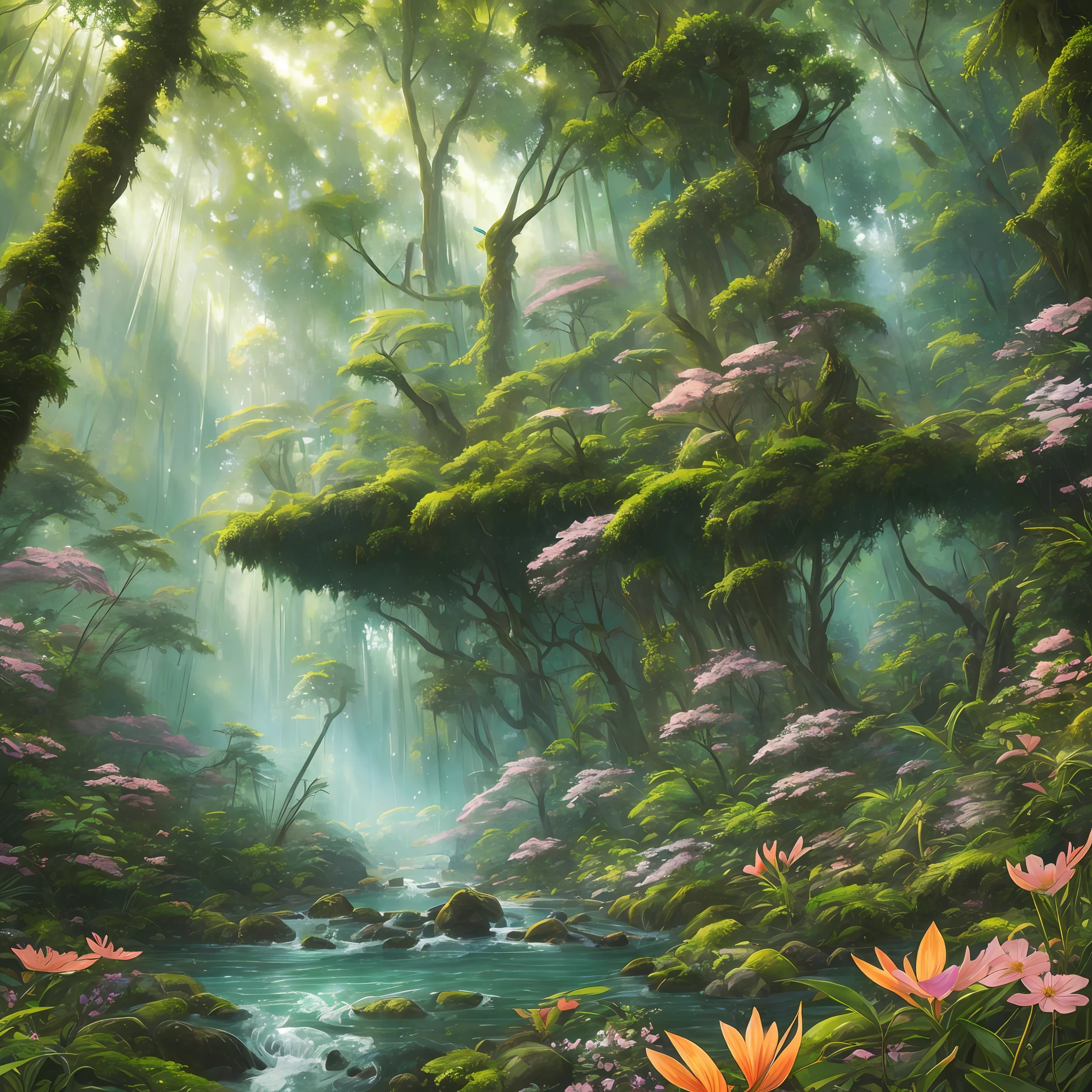 Digital illustration, detailed and intricate, picture of a dense rainforest with wild flowers , the sunlight filtering through the canopy to a wide river, Dark and dirty prism effect.In the style of Yoshitaka Amano and Hayao Miyazaki, masterpiece, proportional, detailed, trending on artstation, beautiful lighting, realistic, intricate, award winning, 4k, highest quality Award-winning, 4K digital painting in the style of Yoshitaka Amano. Detailed and intricate depiction of rainforest ecosystem, masterfully capturing the chaos and drama of the nature. Beautiful lighting and cinematic composition make this piece a true masterpiece, trending on artstation --auto --s2