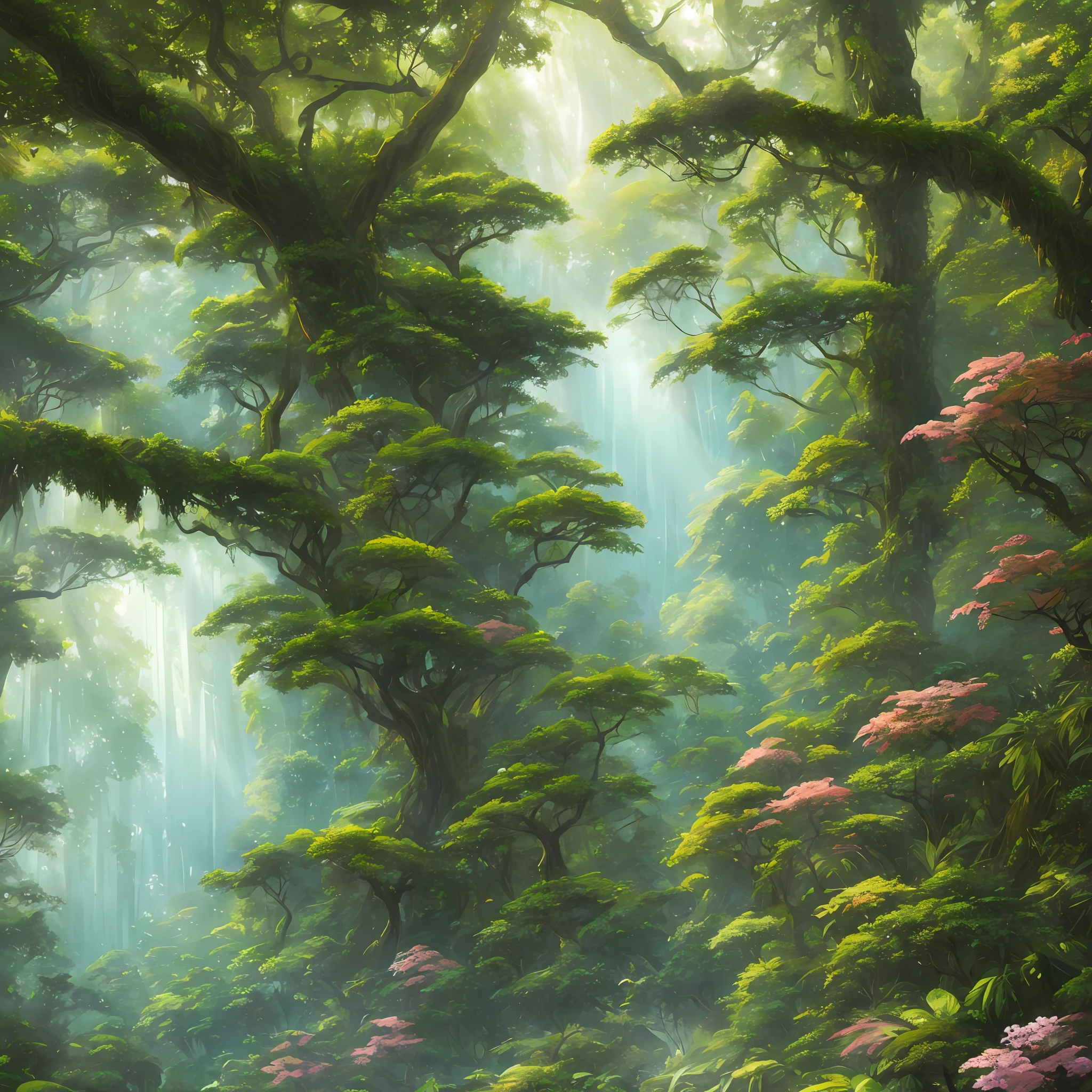 Digital illustration, detailed and intricate, picture of a dense rainforest with wild flowers , the sunlight filtering through the canopy to a wide river, Dark and dirty prism effect.In the style of Yoshitaka Amano and Hayao Miyazaki, masterpiece, proportional, detailed, trending on artstation, beautiful lighting, realistic, intricate, award winning, 4k, highest quality Award-winning, 4K digital painting in the style of Yoshitaka Amano. Detailed and intricate depiction of rainforest ecosystem, masterfully capturing the chaos and drama of the nature. Beautiful lighting and cinematic composition make this piece a true masterpiece, trending on artstation --auto --s2