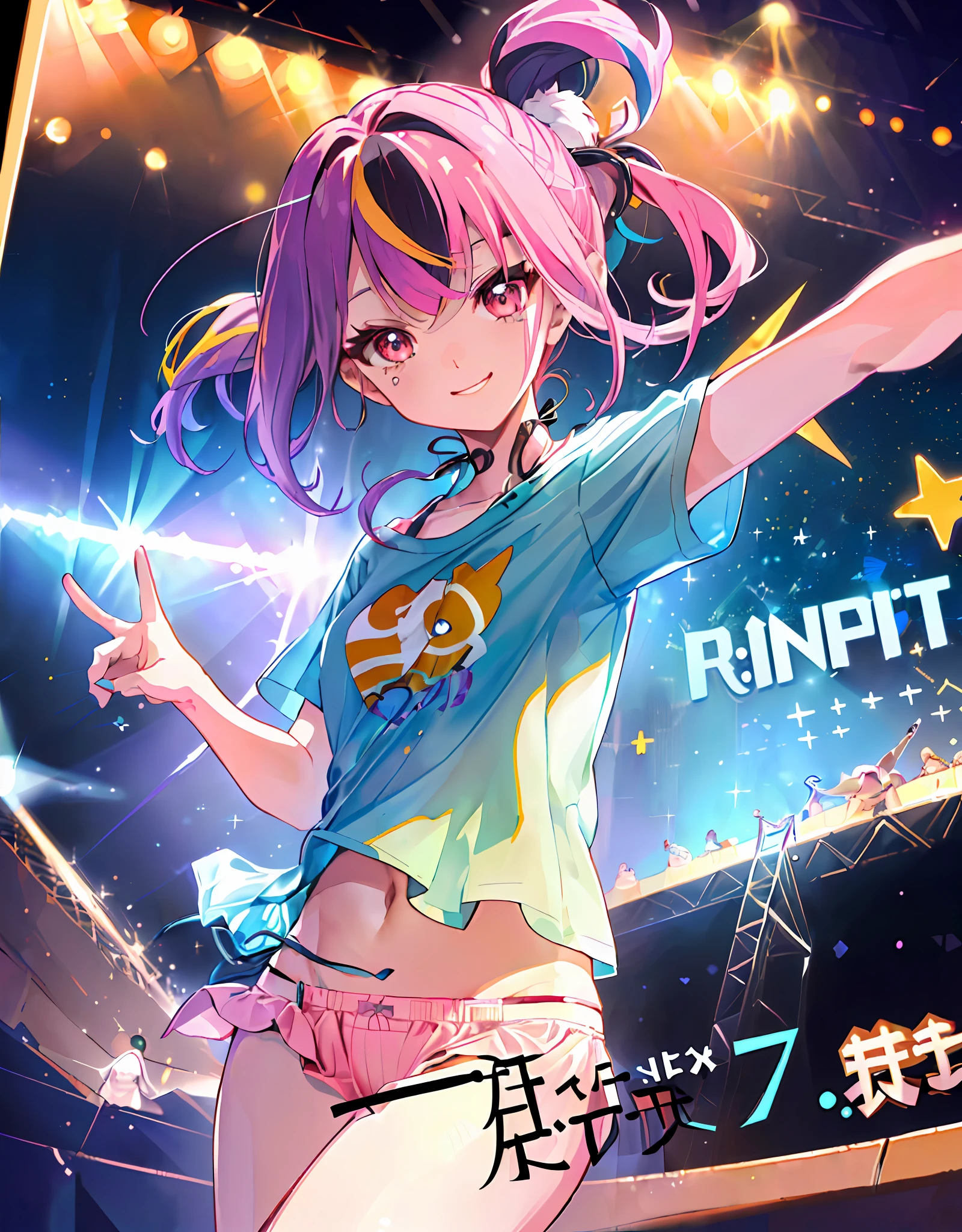 (((Magazine cover: 1.3)))), (((Original: 1.2))), Thick: 2, 8k, Masterpiece, Dynamic Angle, Upper Body, ((((Detailed eyes and detailed face: 1.2))))), (((Perfect human hand, super detailed human 5 fingers)))), (((Perfect human foot)), Upper body, 2 girls, Smile, Wolf ears, Wolf tail, Pink eyes, hairs between eyes, (Wink))), D-cup, cleavage, striped hair, (((((Colorful hair color: 1))))), (((Random hair color: 1)))), Variegated hairstyle: 1, twin tails, ultra-detailed gradient hair, ((((T-shirt with kagenari letters)))), professional designer, fashion leader, ruffled dress, love live, jewelry, best stage, climax, Professional stage, (((Perfect singer holding the microphone with left hand singing emotionally, perfect singer, shout: 1.2, overflowing emotion, best smile))), singer, vocalist: 1, idol, diva, professional stage, professional lighting, live lighting, distracting, fan service: 1, (Singing on the stage of the AI spaceship: 1.2)))), ((( Singing on stage in an AI spaceship: 1.2)), ((((Panchira, cute panties))), packed audience seats