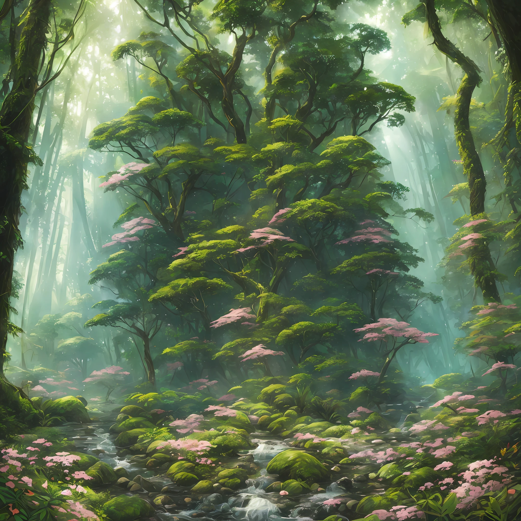 Digital illustration, detailed and intricate, picture of a dense rainforest with wild flowers , the sunlight filtering through the canopy to a wide river, Dark and dirty prism effect.In the style of Yoshitaka Amano and Hayao Miyazaki, masterpiece, proportional, detailed, trending on artstation, beautiful lighting, realistic, intricate, award winning, 4k, highest quality Award-winning, 4K digital painting in the style of Yoshitaka Amano. Detailed and intricate depiction of rainforest ecosystem, masterfully capturing the chaos and drama of the nature. Beautiful lighting and cinematic composition make this piece a true masterpiece, trending on artstation --auto --s2