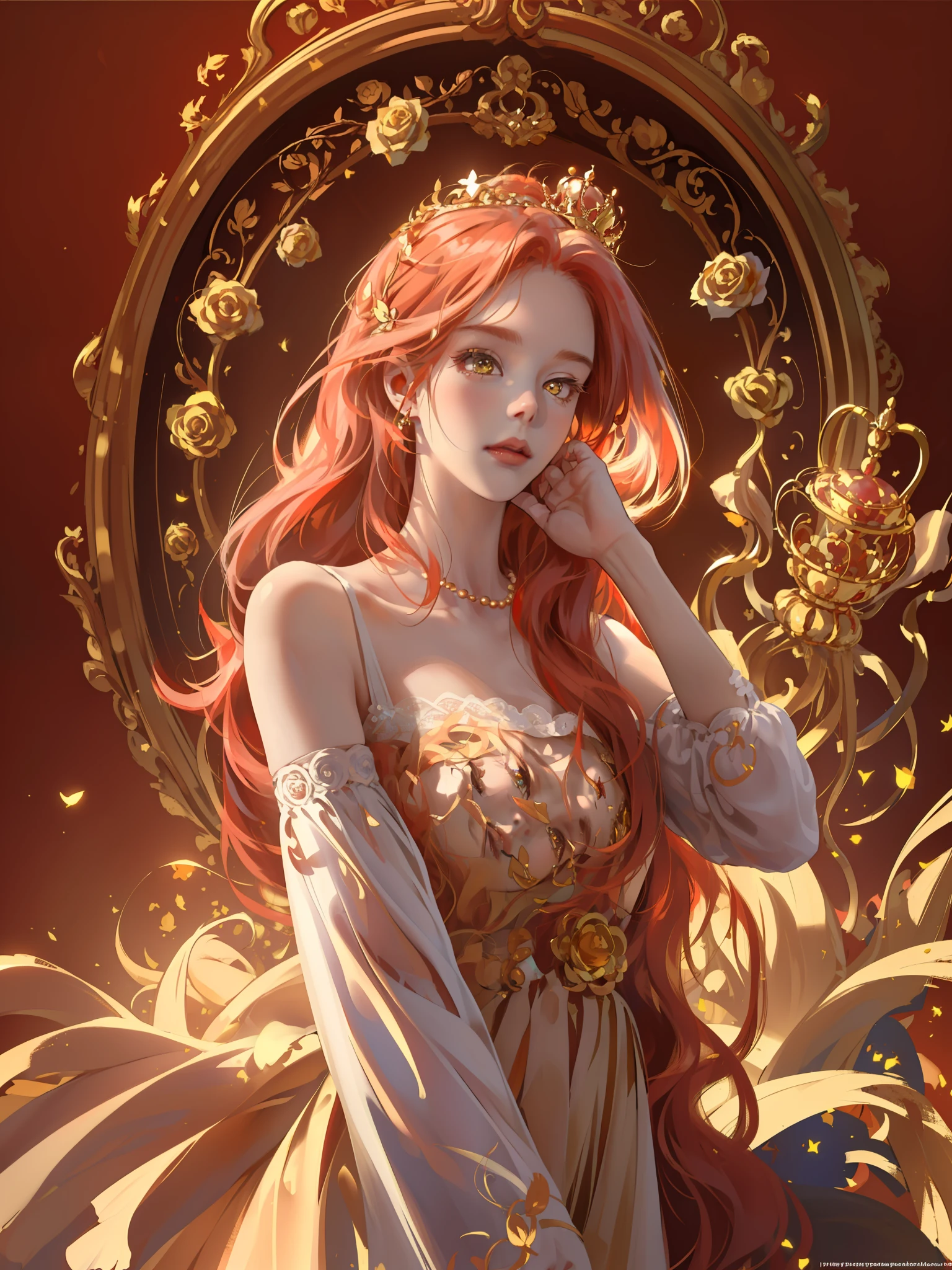 (((Masterpiece)), high quality, super detailed, red hair + golden clothing: 1.2, sweet and delicate girl, delicate facial features, perfect body, Lolita, crown, face with decoration, rose, bright bright colors, pearl white background, romantic long hair, natural light, warm and sweet, golden eyes, gorgeous hair decoration.