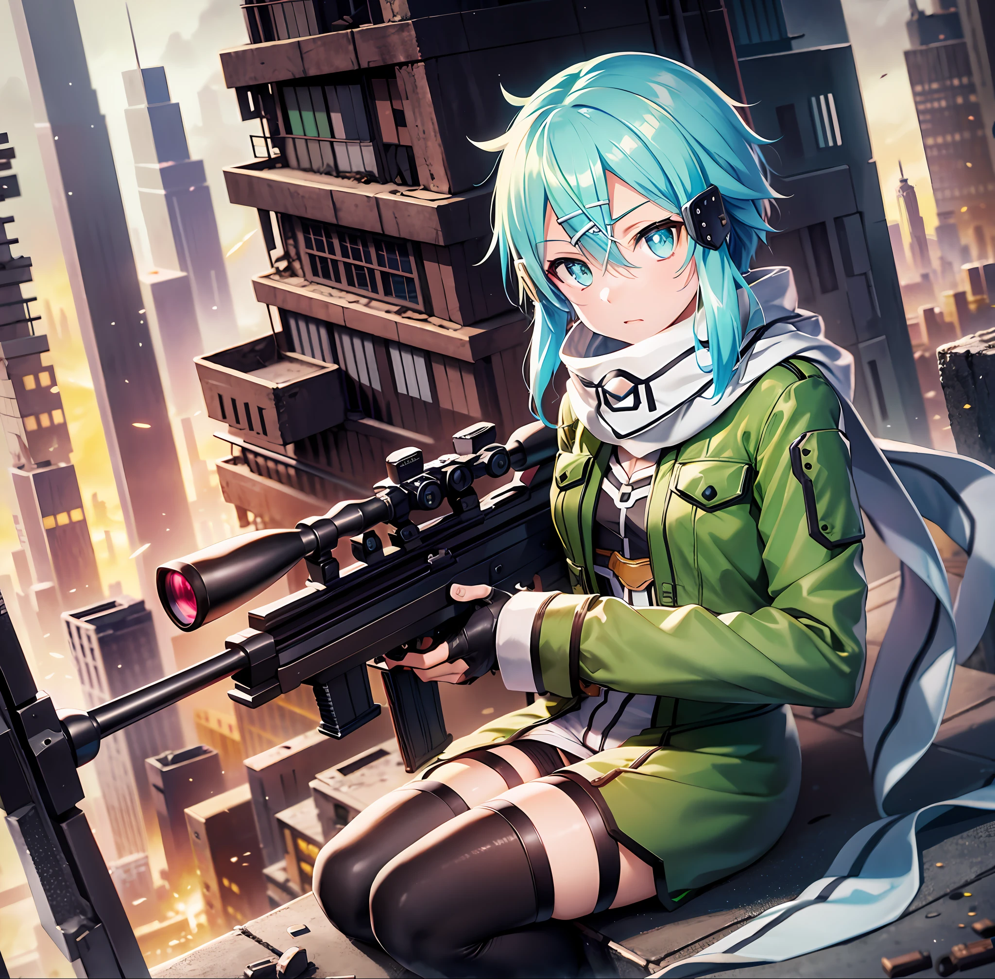 masterpiece, best quality, highres, 1girl, sinon1, scarf, fingerless gloves, long sleeves, short black shorts, hair ornament, hairclip, green thighhighs, green jacket, thigh strap, cowboy shot, holding weapon, sniper rifle, ruins, sitting, (sword art online), scoping, using the sniper, holding the sniper rifle, looking in scope, looking into the sniper rifle scope, shooting, hdr, urban, rooftop, collapsed buildings, war, catastrophe, disaster, serious, cold, glowing eyes, superpower, focusing, focus, bullet, shooting, barrel flash, explosion