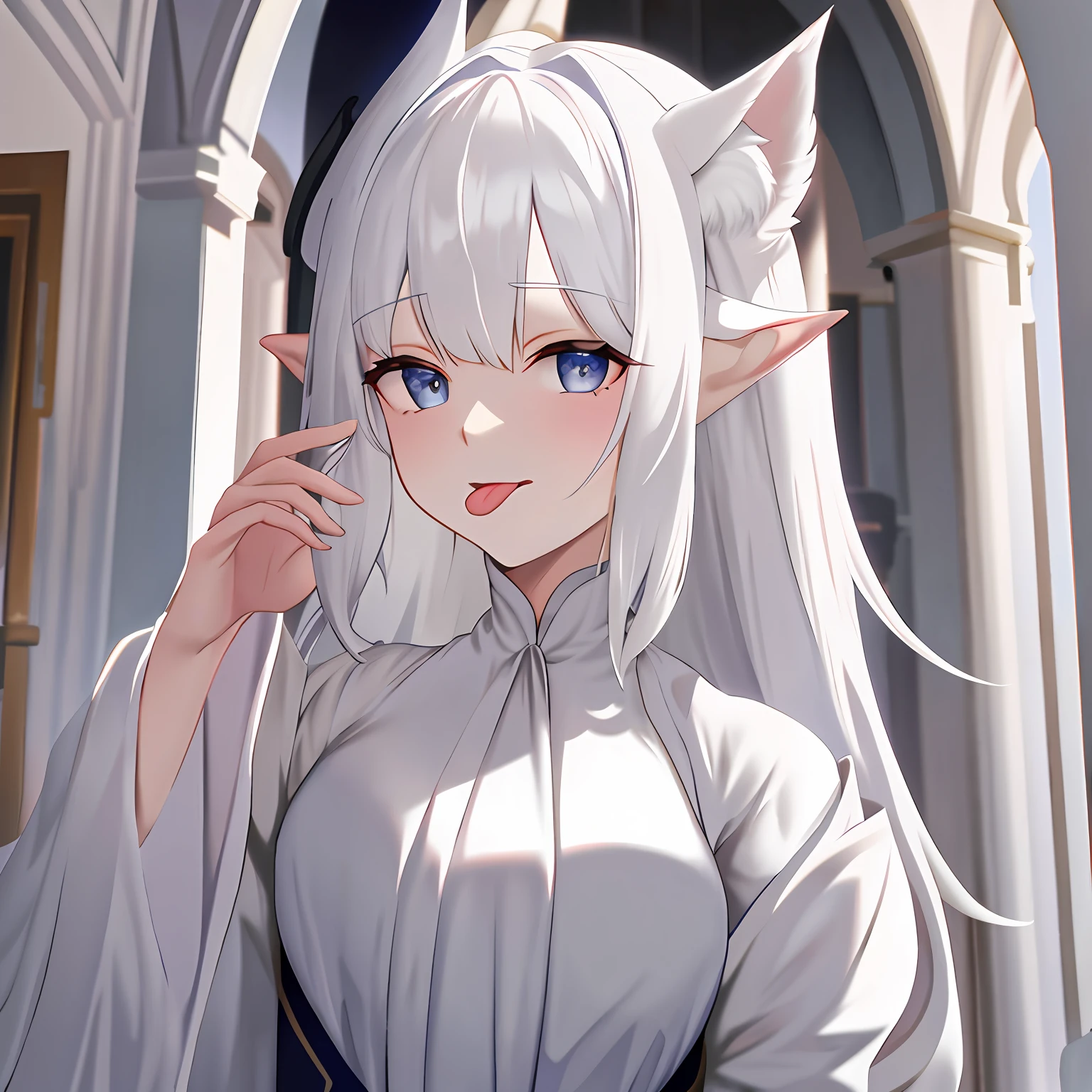 Beast ears, white hair, white silk, royal sister, sticking out tongue