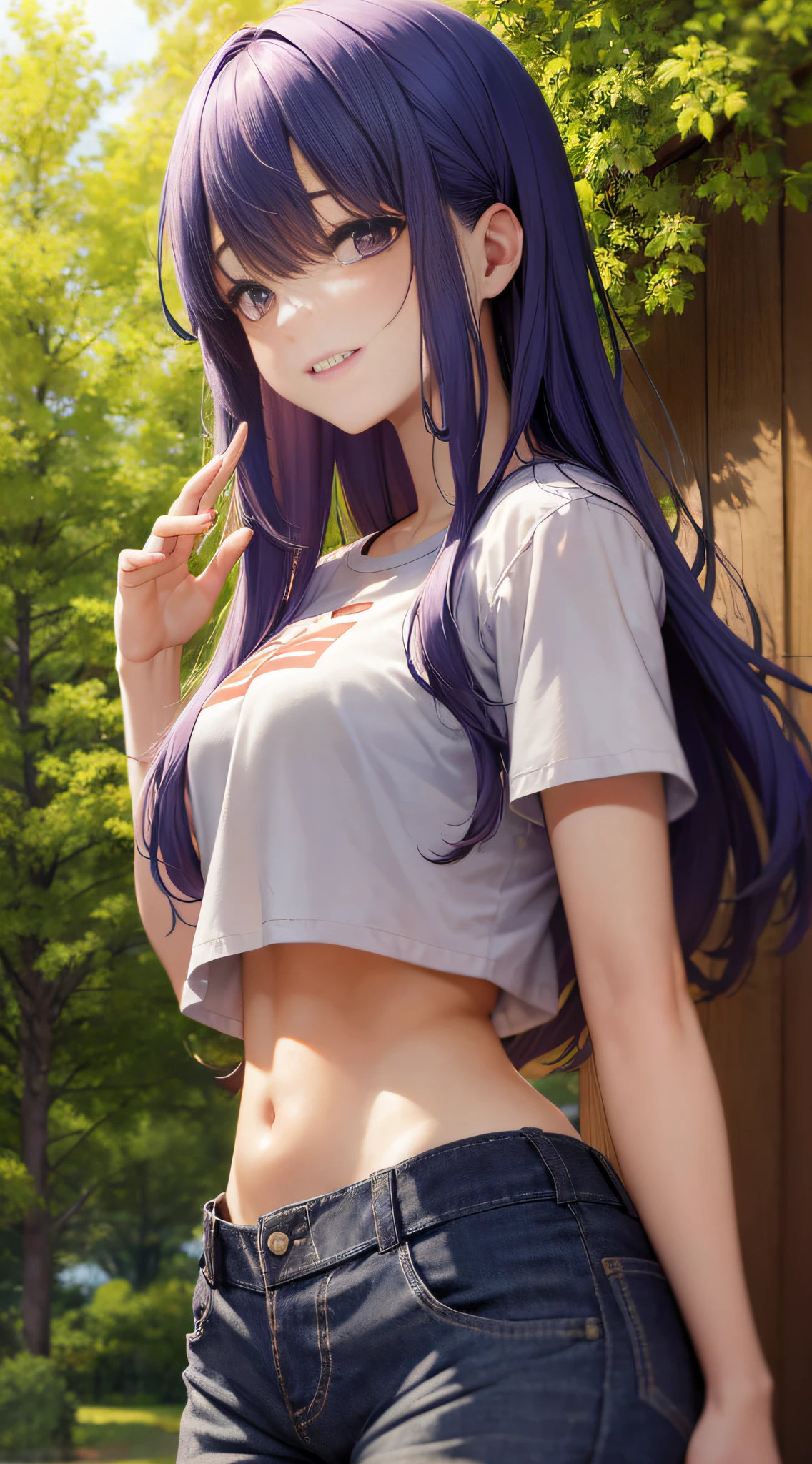 masterpiece, best quality, absurdres, perfect antomy, matou sakura, 1girl, solo, long hair, bangs, breasts, standing, cowboy shot, smile, blush, outdoors, t-shirt, pants, midriff