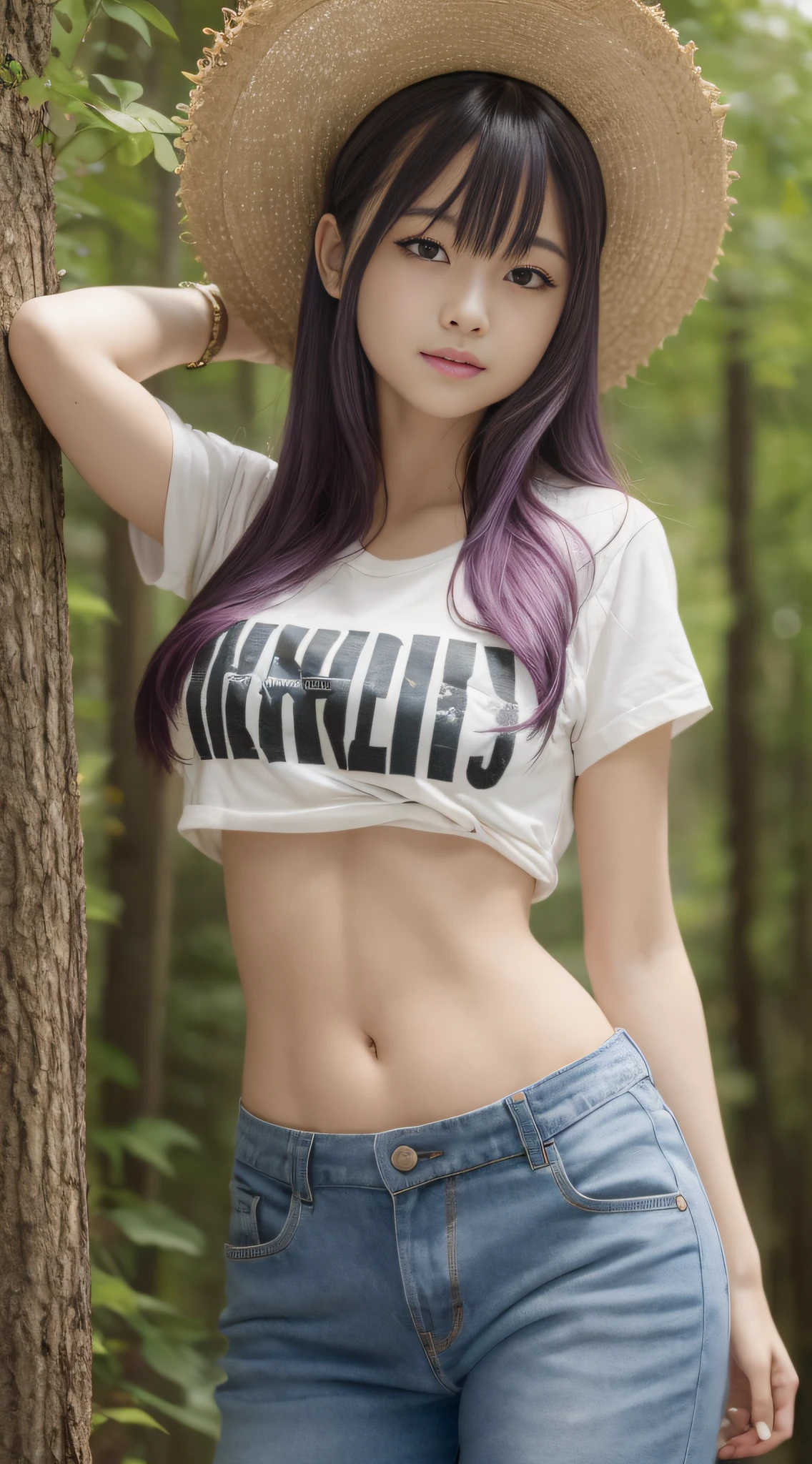 masterpiece, best quality, absurdres, perfect antomy, matou sakura, 1girl, solo, long hair, bangs, breasts, standing, cowboy shot, smile, blush, outdoors, t-shirt, pants, midriff