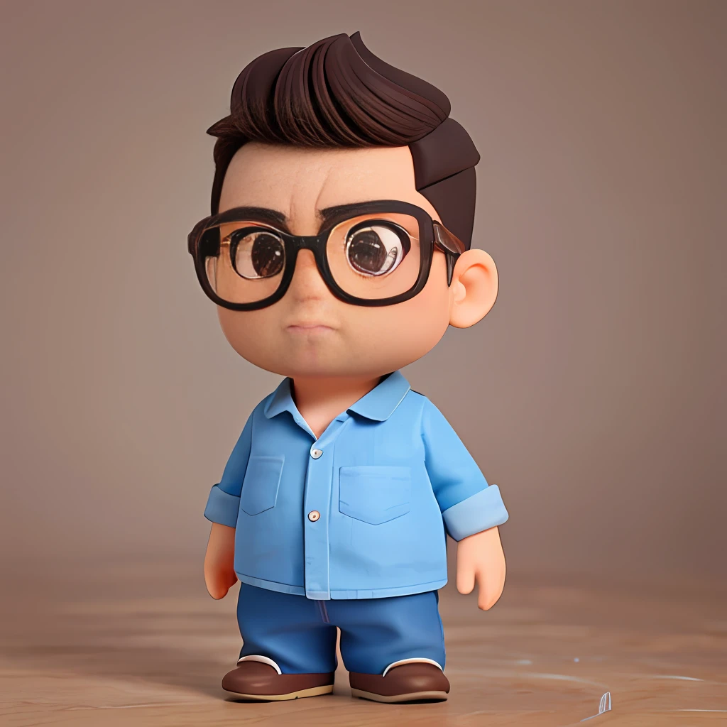 Cute small 45-years-old male programmer , huge head, shot Undercut hair , wearing Round thin frame glasses, highly detailed eyes，front-facing, looking left, fat, , casual wear ，serious mood, full body view, highly detailed hands ，Toy figures,best quality, 3d cartoon，full body view, fantasy, dreamlike, surrealism, super cute, trending on artstation