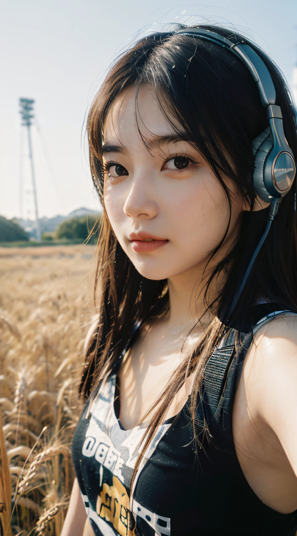 Best quality, masterpiece, super high resolution, (realistic: 1.4), original photo, head photo, skin, simple background, black eyes, detail, selfie, 1 girl, headphones, wheat field, stretch body, enjoy