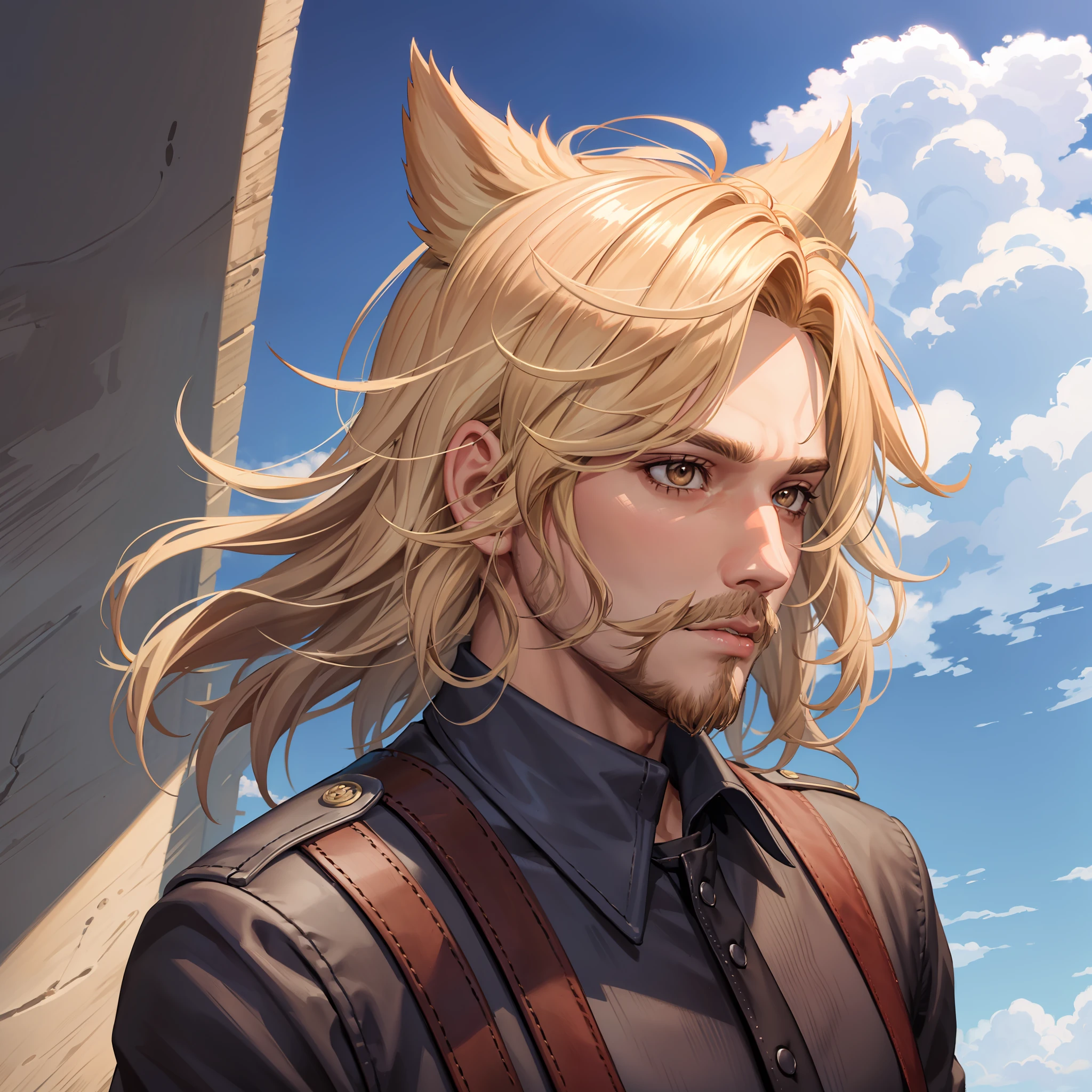 Phoenix Montoya, beard, blue sky, cloud, day, facial hair, lips, male focus, outdoors, parted lips, portrait, sky, solo