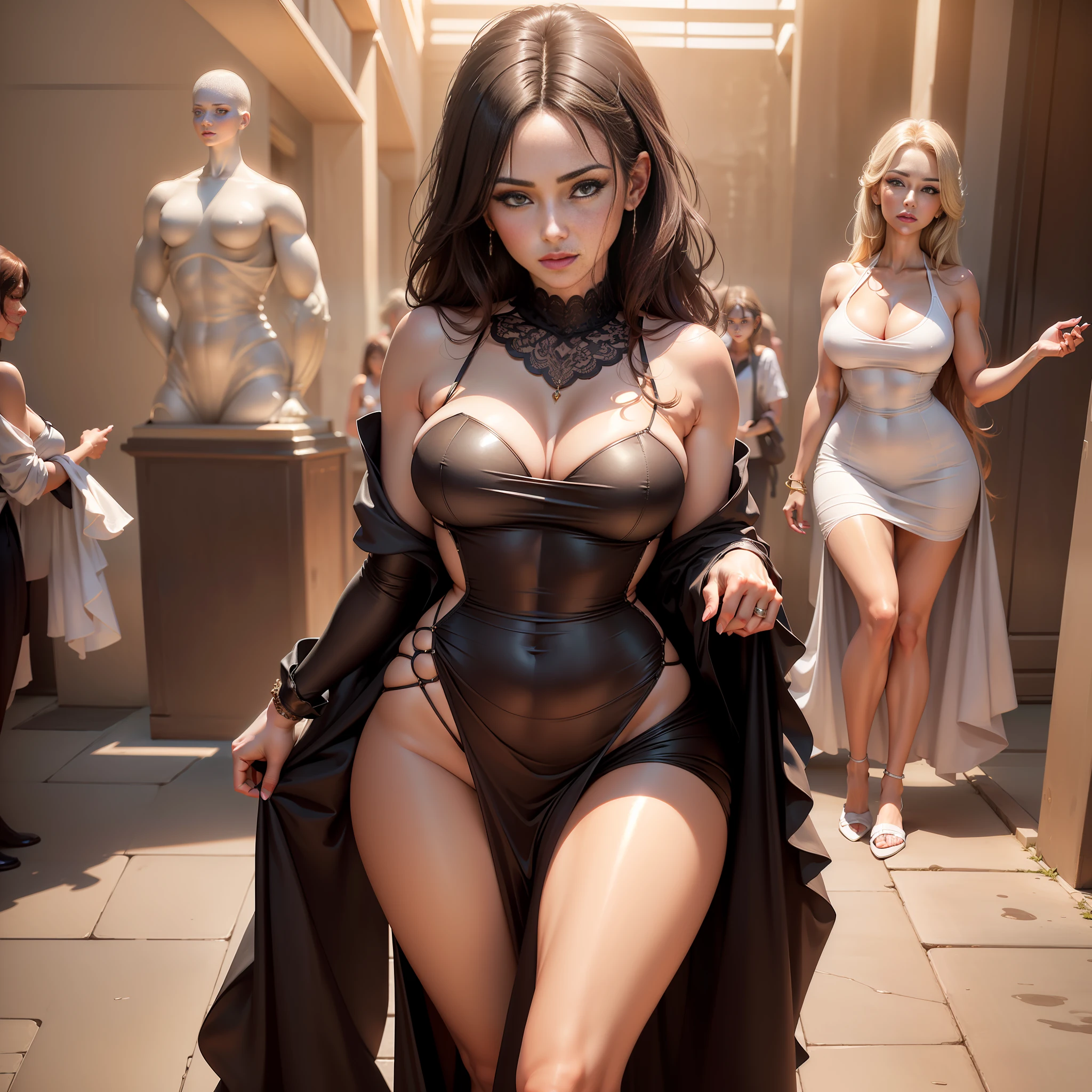 Unparalleled masterpiece, ultra-realistic 8k CG, perfect artwork, (((perfect female figure)), mature woman, looking at the audience, mature woman, thin waist, seductive pose, sexy pose, seductive, clean, beautiful face, pure face, shiny eyes, skindentation, 1girl, (outfit, long v dress)), (((student)), perspective,