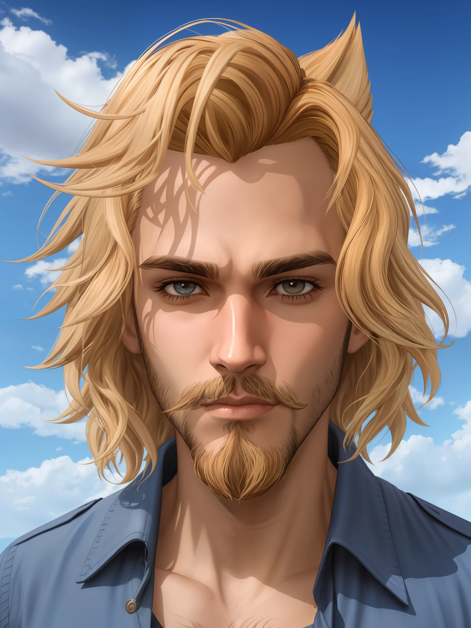Phoenix Montoya, beard, blue sky, cloud, day, facial hair, lips, male focus, outdoors, parted lips, portrait, sky, solo