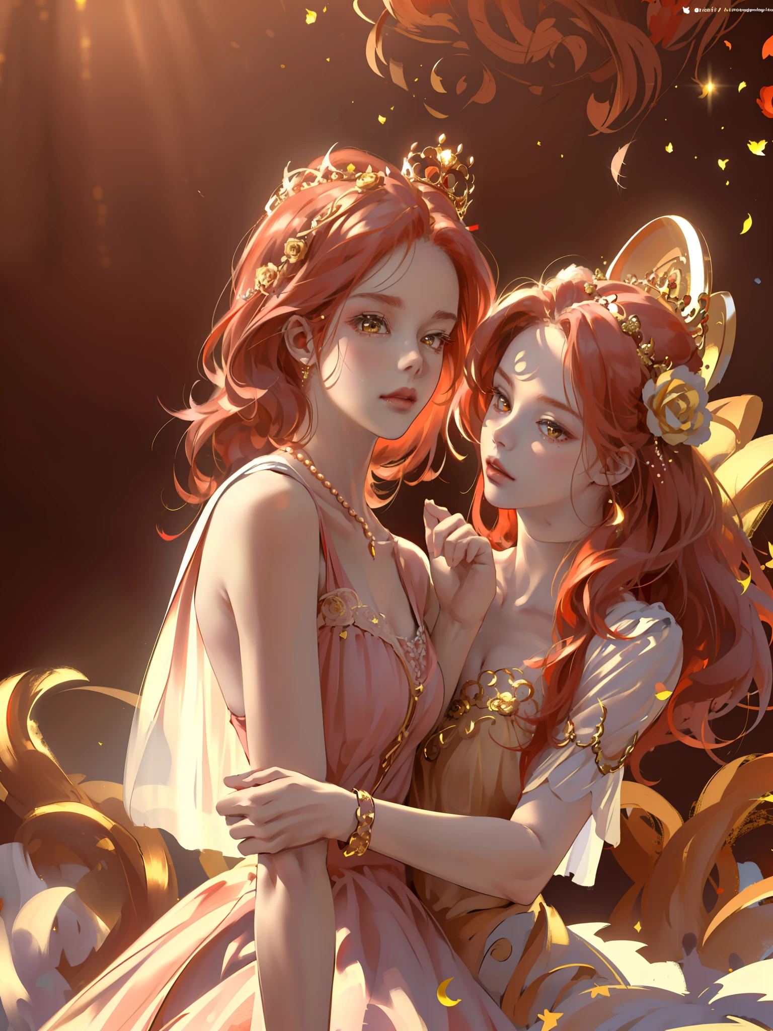 (((Masterpiece)), high quality, super detailed, red hair + golden clothing: 1.2, sweet and delicate girl, delicate facial features, perfect body, Lolita, crown, face with decoration, rose, bright bright colors, pearl white background, romantic long hair, natural light, warm and sweet, golden eyes, gorgeous hair decoration.