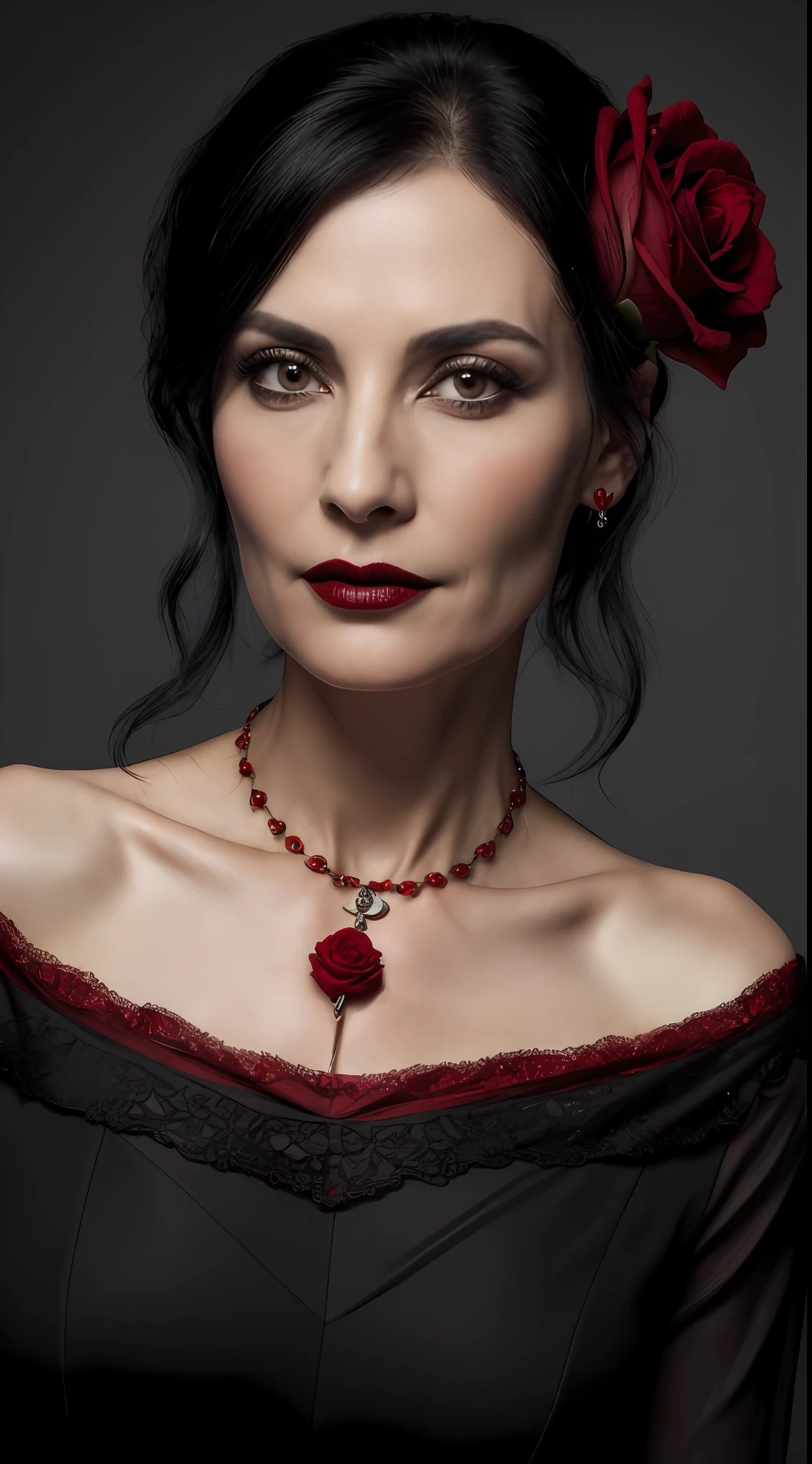(8k, RAW photo, maximum quality), (A woman) (50 years old), (pale, skinny face, showing the mark of bones, dark makeup), ((red dress)), ((black hair)) (necklace with a red rose) (jewelry) close-up+, (detailed eyes: 0.8), (looking at the camera: 1.4), (maximum quality), (best shadow), intricate details, dark background