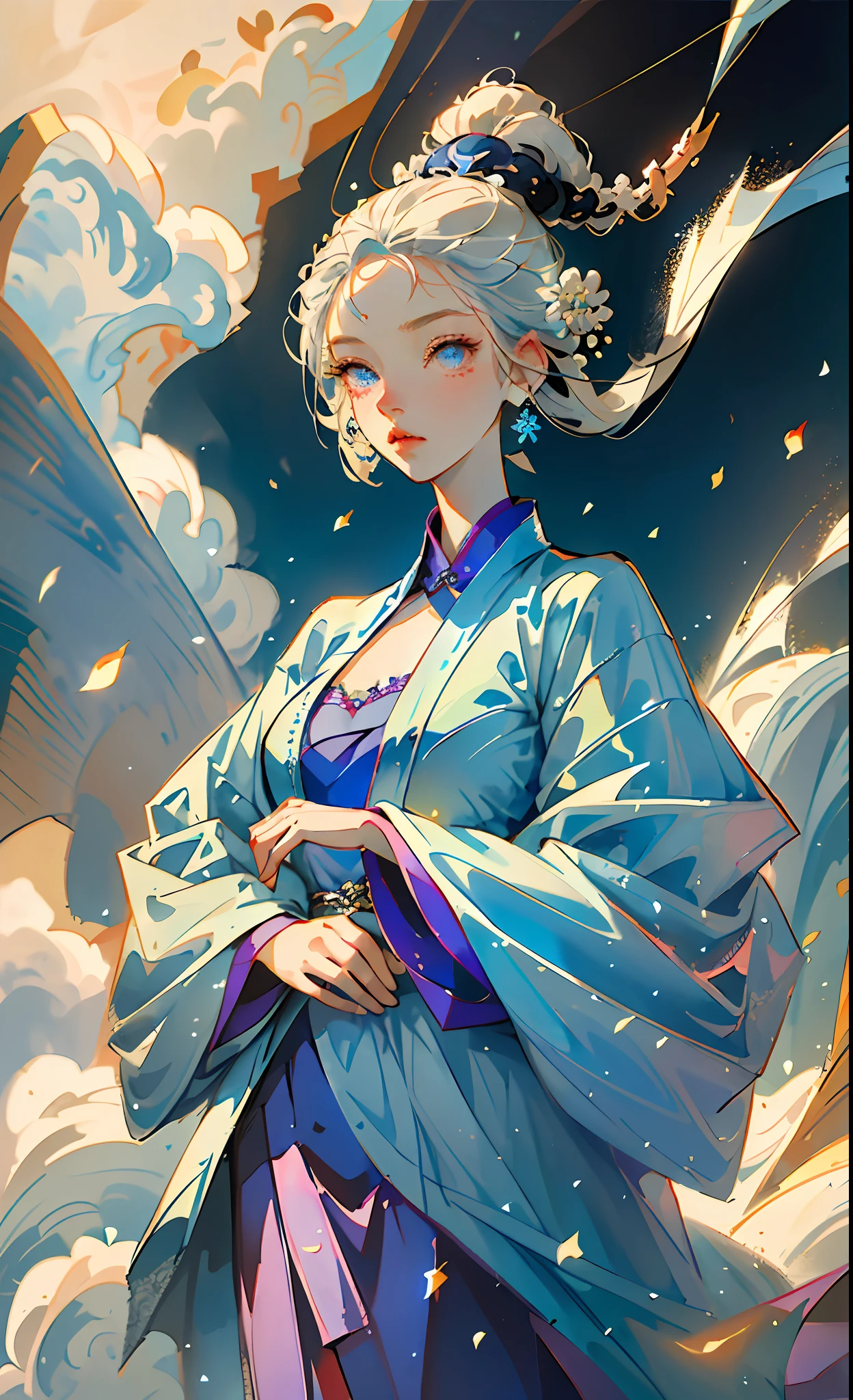 Mature girl, blue and white hair color, floating hair, delicate and flexible eyes, intricate brocade hanfu, gorgeous accessories, wearing pearl earrings, FOV, f/1.8, masterpiece, ancient Chinese style architecture, blue sky, flower petals flying, front portrait shot, Chang'e, side lighting, sunlight shining on people