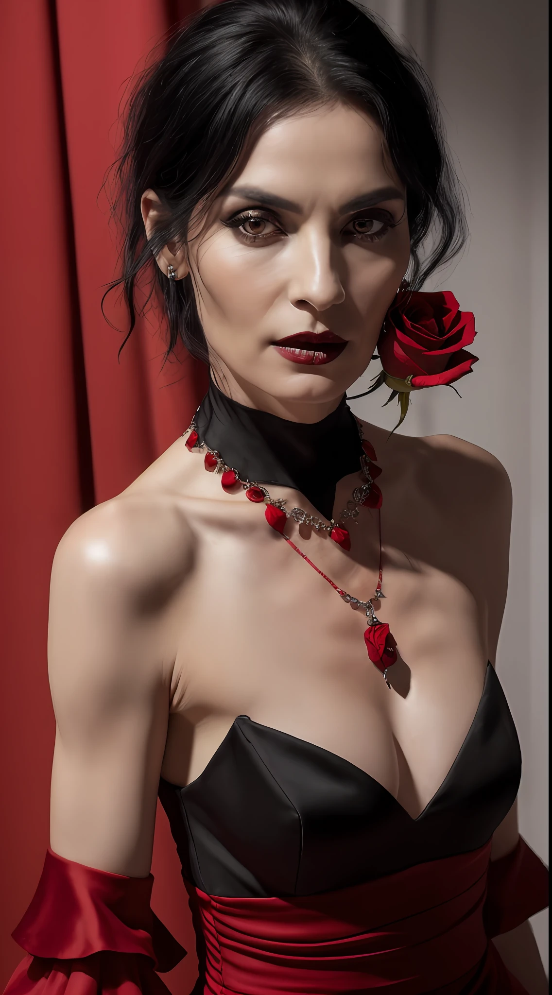 (8k, RAW photo, maximum quality), (A woman) (50 years old), (pale, skinny face, showing the mark of bones, dark makeup), ((red dress)), ((black hair)) (necklace with a red rose) (jewelry) close-up+, (detailed eyes: 0.8), (looking at the camera: 1.4), (maximum quality), (best shadow), intricate details, dark background