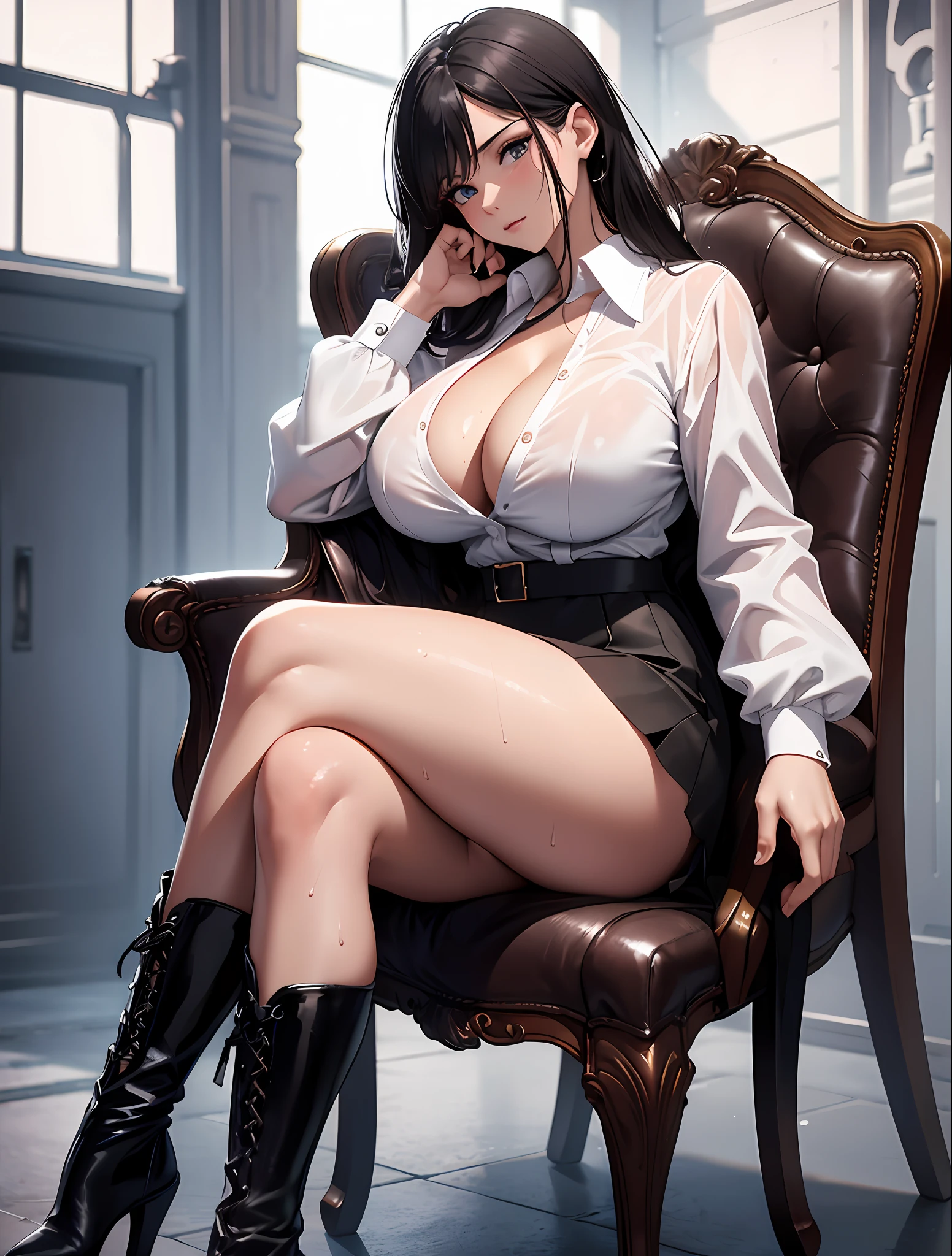 8k, HDR, RTX, Top Quality, Masterpiece, Absurdity, Beautiful Muscle Mature Mysterious Woman, Masterpiece, Big Tits, Wet Body,Big Tits, Presence Tits, Blush, Sweat, Sexy, Boobs, Side Boobs, Cleavage, Background Blurred, Professional Lighting, Cleavage, (Attractive Face), Big Eyelashes, Cleavage,Colossal Tits, Wet, Shiny Skin, 20 Years Old, 20-year-old beauty, white shirt on top, white shirt, black skirt, black boots, black high boots, high heel boots, long legs, sitting on a chair and crossing legs,