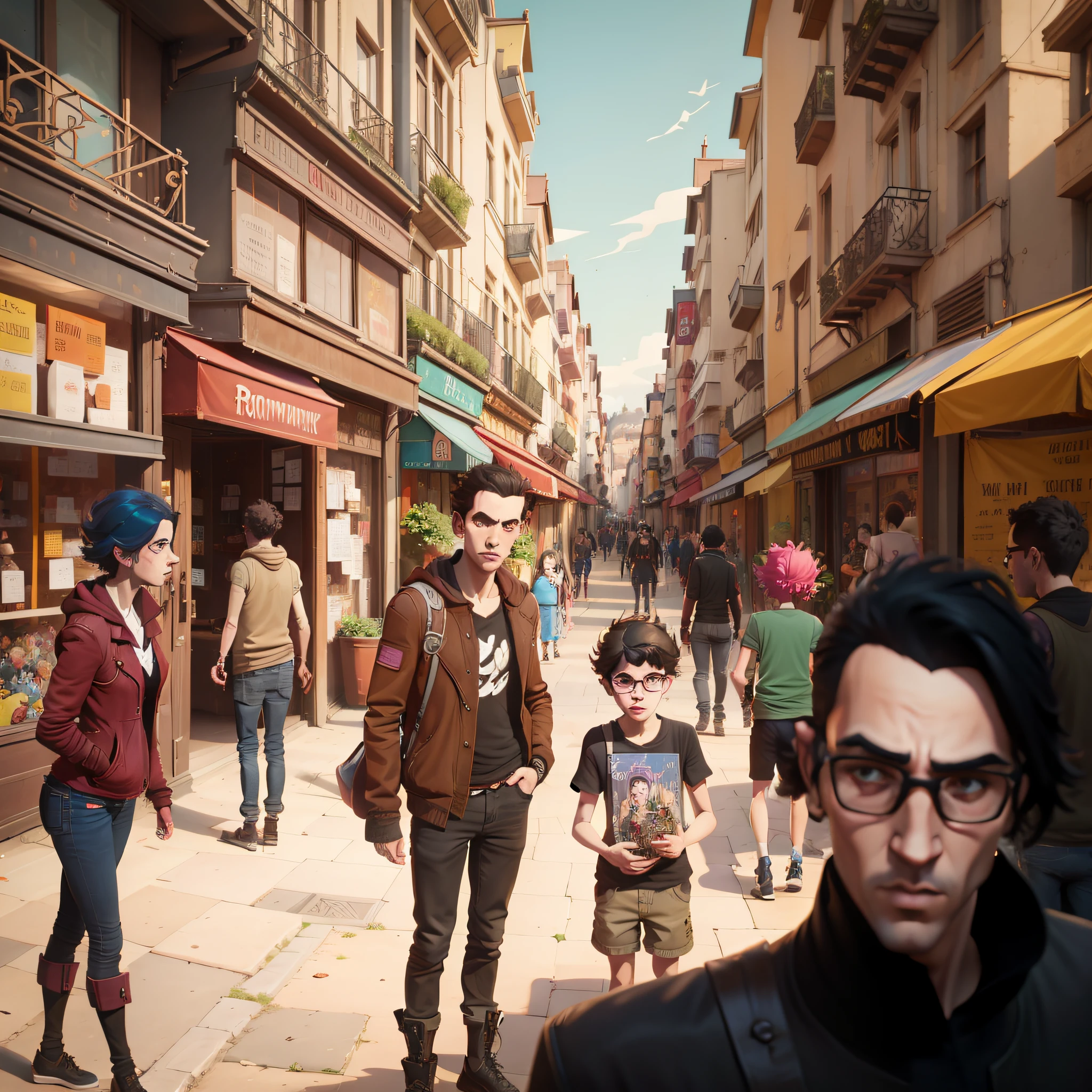 illustration of a busy street scene, by Raphaël Collin, by Bernard D'Andrea, inspired by Tomer Hanuka, ( asaf hanuka ), by Asaf Hanuka, by Tomer Hanuka, by Clément Serveau, inspired by Asaf Hanuka, by Róbert Berény, French comic style