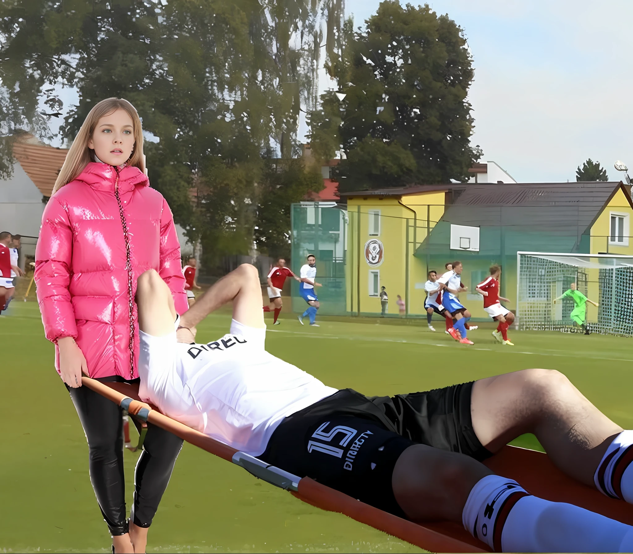 black and white down jacket, shiny down jacket, a blond longhaired woman is wearing a very high-gloss and waterproof puffy jacket and shiny leather pqants, the woman is carrying a stretcher in a sports stadium, on the stretcher lies a young Caucasian football player, the football player is wearing a white short-sleeved shirt and black shorts, the soccer player is lying on his back on the stretcher and is covering his face with both hands, the woman is angry and shouts out loud, the woman is frightened and looks very concerned, the woman is loving the soccer player and is sending enormous amorous looks to him, the woman is carrying the stretcher out of the soccer field, the sports field in the background is a soccer field with a large visitors' stand, a soccer match is playing in the background, the sports field in the background is a soccer field with a large visitors' stand, a soccer match is playing in the background, dramatic action pose, dramatic suffering pose, accident scene, first-aid-scene, theatralic pity poses
