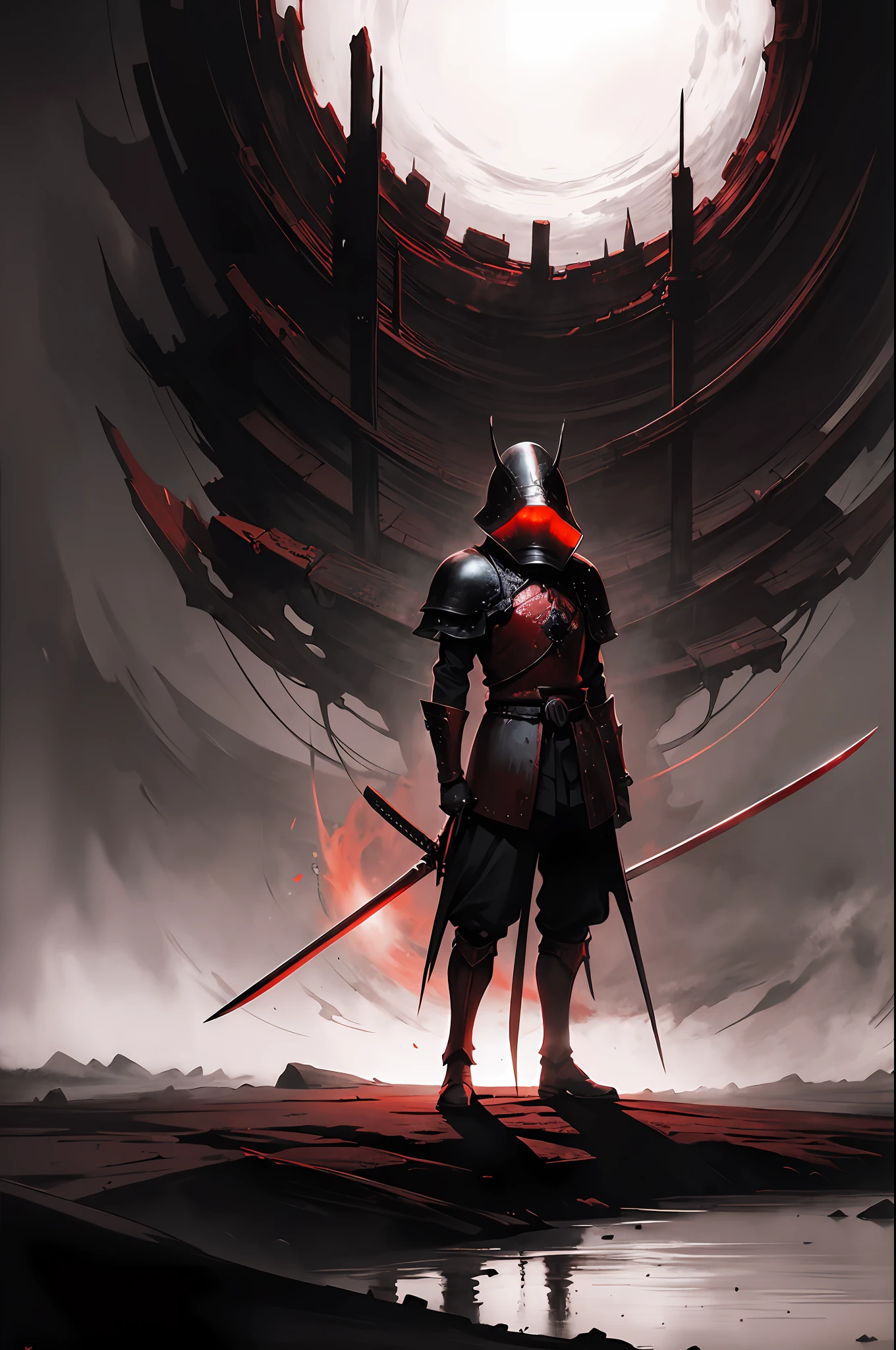 Zdzislaw Beksinski A red armor samurai holding sword ,stands alone in a desolate landscape, surrounded by an endless void of darkness