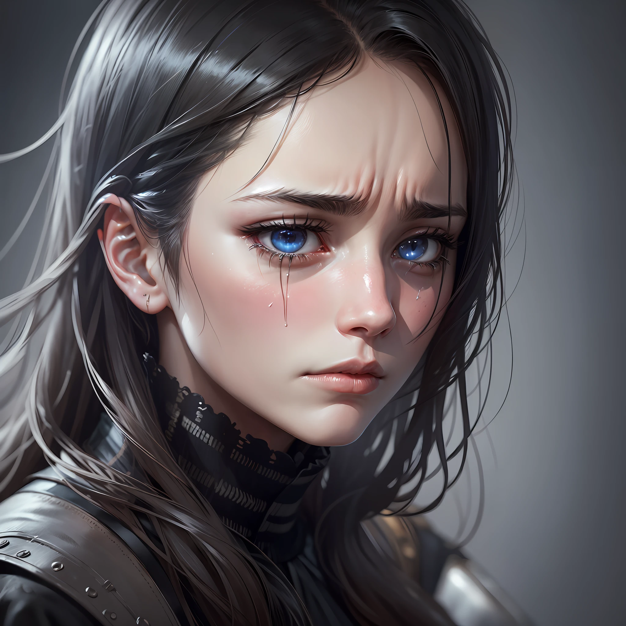 thoughtful person, sad, dark, dark background, dark background, black background,sad person, face with many details, beautiful face, upset woman, sad woman holding back tears, very realistic, extreme realism, unreal engine 5, very good, sadness in the look --auto --s2