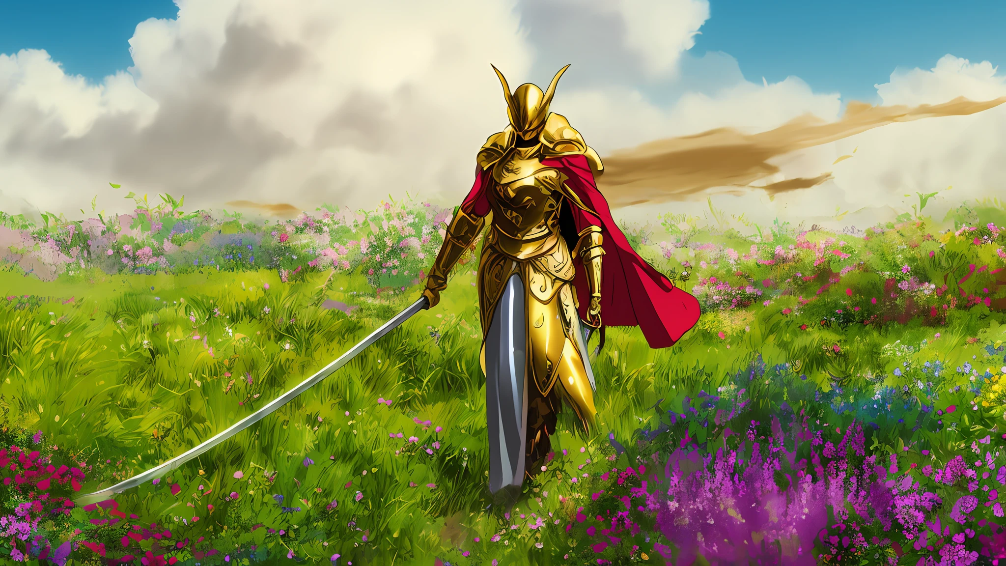 ((tall woman with red hair)), golden medieval armor, golden helmet, closed visor, exposed mouth, 2 wings adorning the helmet, golden left arm, beautiful red hair, long body, reddish long cape, a very large curved sword, long arm. Inside a giant stick, flowery floor, various flowers, light clearing, ghibli style