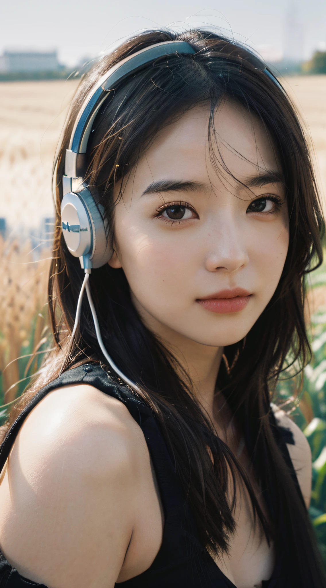 Best quality, masterpiece, super high resolution, (realistic: 1.4), original photo, head photo, skin, simple background, black eyes, detail, selfie, 1 girl, headphones, wheat field, stretch body, enjoy