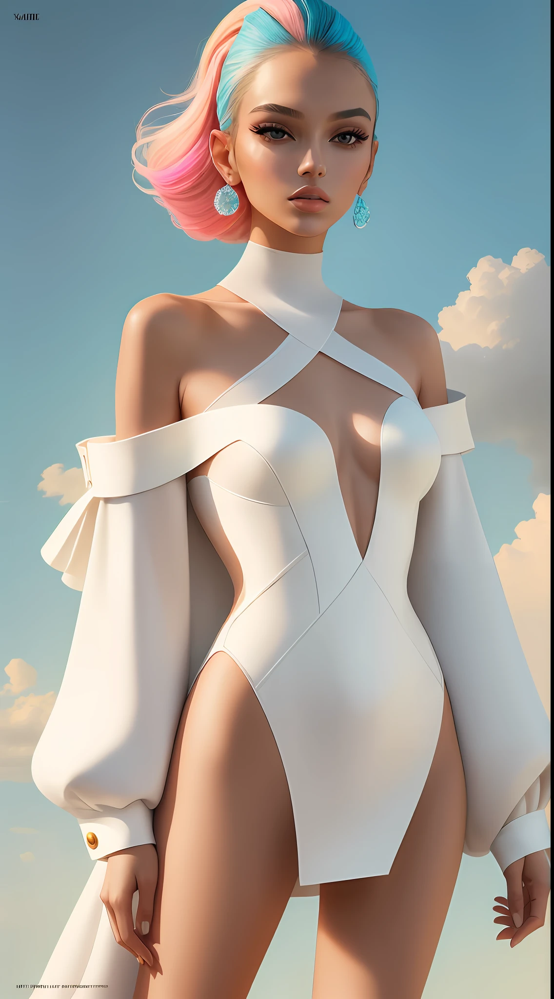 Create a stylish Vogue magazine cover that celebrates fashion in a clean and modern way. The background is a soft, pastel color, creating a serene atmosphere. A captivating model wearing a fashionable outfit is positioned prominently, showcasing the latest trends with confidence. The title "Fashion Forward" is displayed in a sleek, sans-serif font, with each letter outlined in a vibrant color that complements the model's attire. A smaller text box features a captivating headline like "The Future of Style" or "Redefining Fashion's Landscape." The overall composition is rendered in a photography style, with natural lighting and a focus on showcasing the model's beauty.