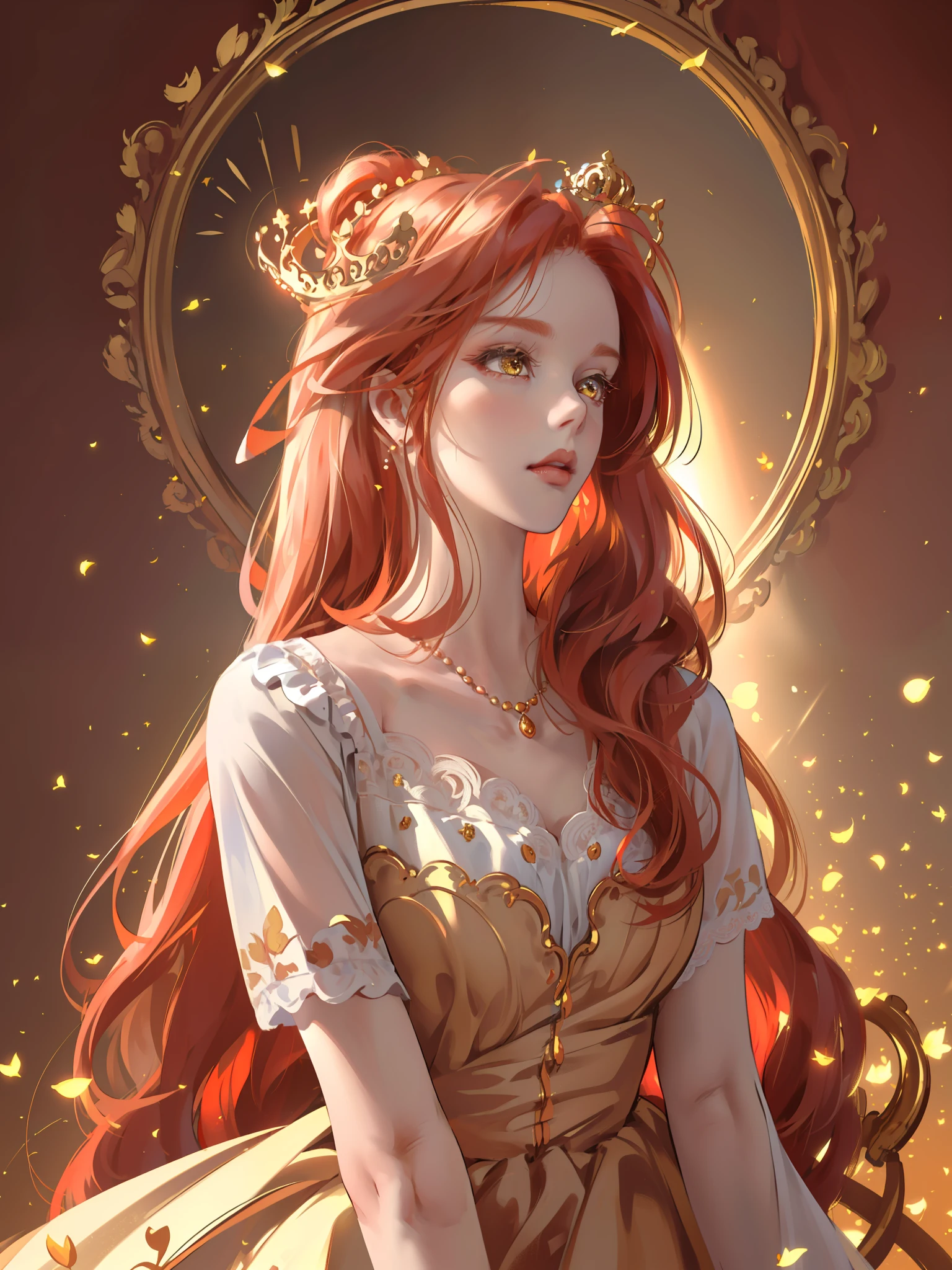 (((Masterpiece)), high quality, super detailed, red hair + golden clothing: 1.2, sweet and delicate girl, delicate facial features, perfect body, Lolita, crown, face with decoration, rose, bright bright colors, pearl white background, romantic long hair, natural light, warm and sweet, golden eyes, gorgeous hair decoration.