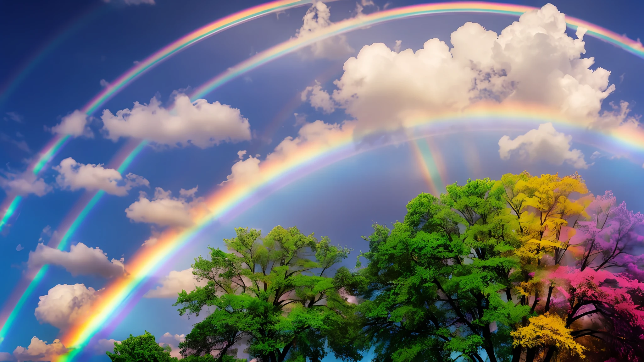a vibrant rainbow with seven distinct colors - red, orange, yellow, green, blue, indigo, and violet - arcing across a clear blue sky. The colors are arranged in order from the top of the rainbow down, with red on the outermost edge and violet on the innermost edge. The rainbow is surrounded by puffy white clouds, adding a sense of depth and dimensionality to the image. The rainbow itself is rendered with a glossy, almost iridescent effect, making the colors pop and shimmer. created by a skilled digital artist using specialized software and techniques to create a visually stunning and timeless image, perfect for collectors who appreciate color, beauty --auto --s2