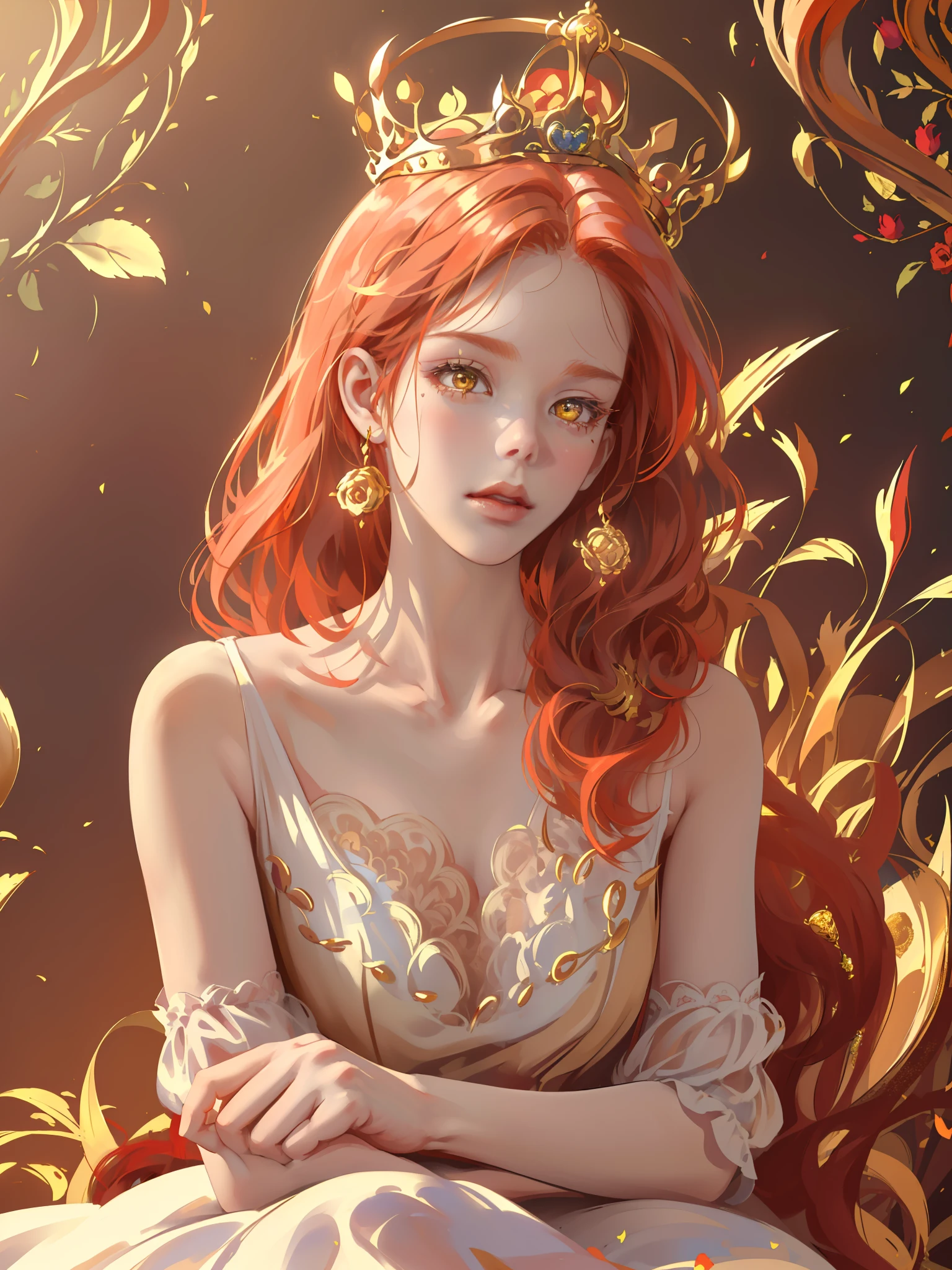 (((Masterpiece)), high quality, super detailed, red hair + golden clothing: 1.2, sweet and delicate girl, delicate facial features, perfect body, ta, crown, face with decoration, rose, bright bright colors, pearl white background, romantic long hair, natural light, warm and sweet, golden eyes, gorgeous hair decoration.