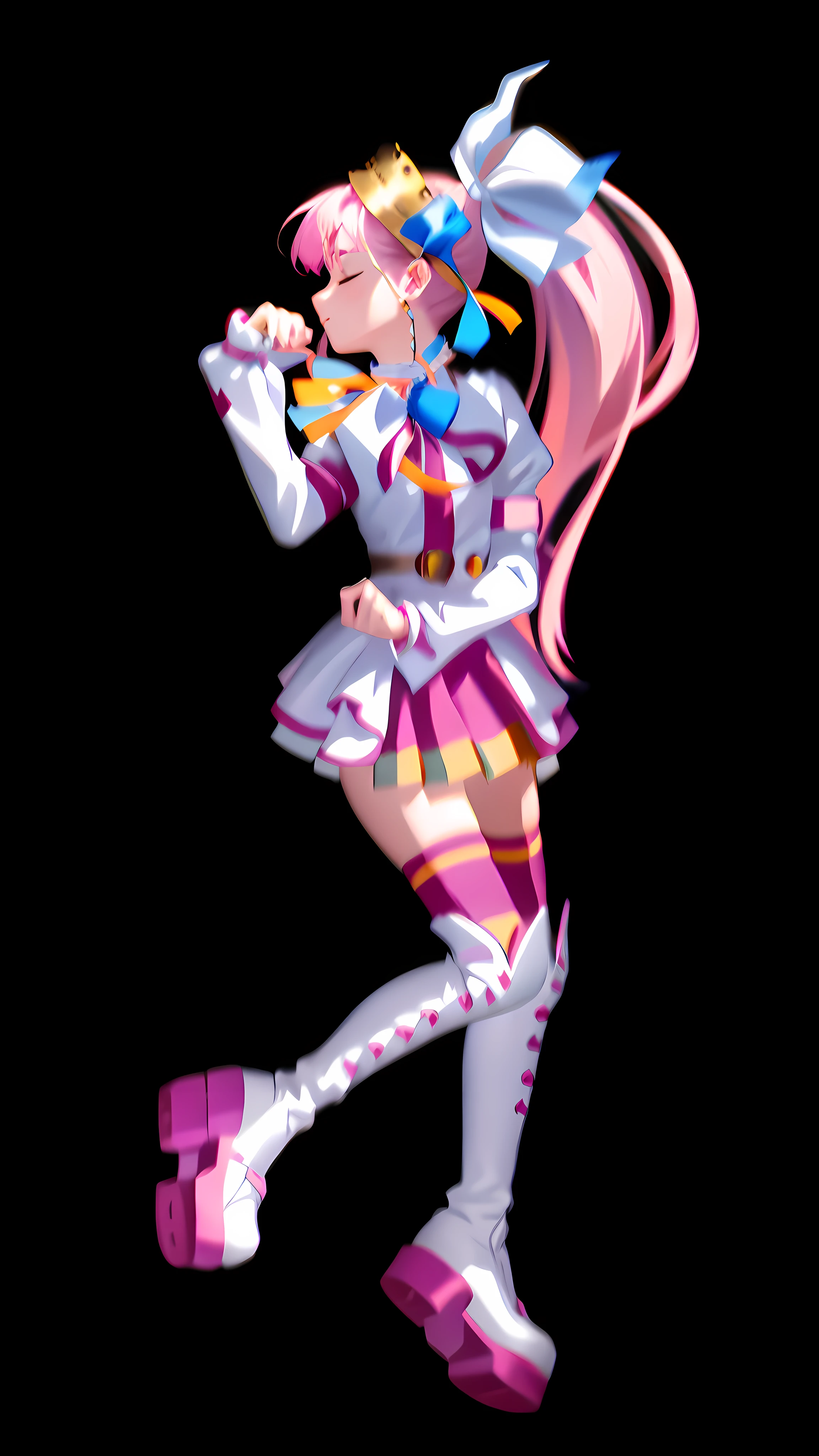 (Masterpiece: 1.5), (Best quality: 1.5), 8k, (Perfect hand: 1.5), 1 girl, eyes closed, mouth closed, pink hair, single ponytail, white top, pink pleated skirt, pink over-the-knee socks, white boots, (no background: 1.5), skinny legs, (cat's claw gesture: 1.5),