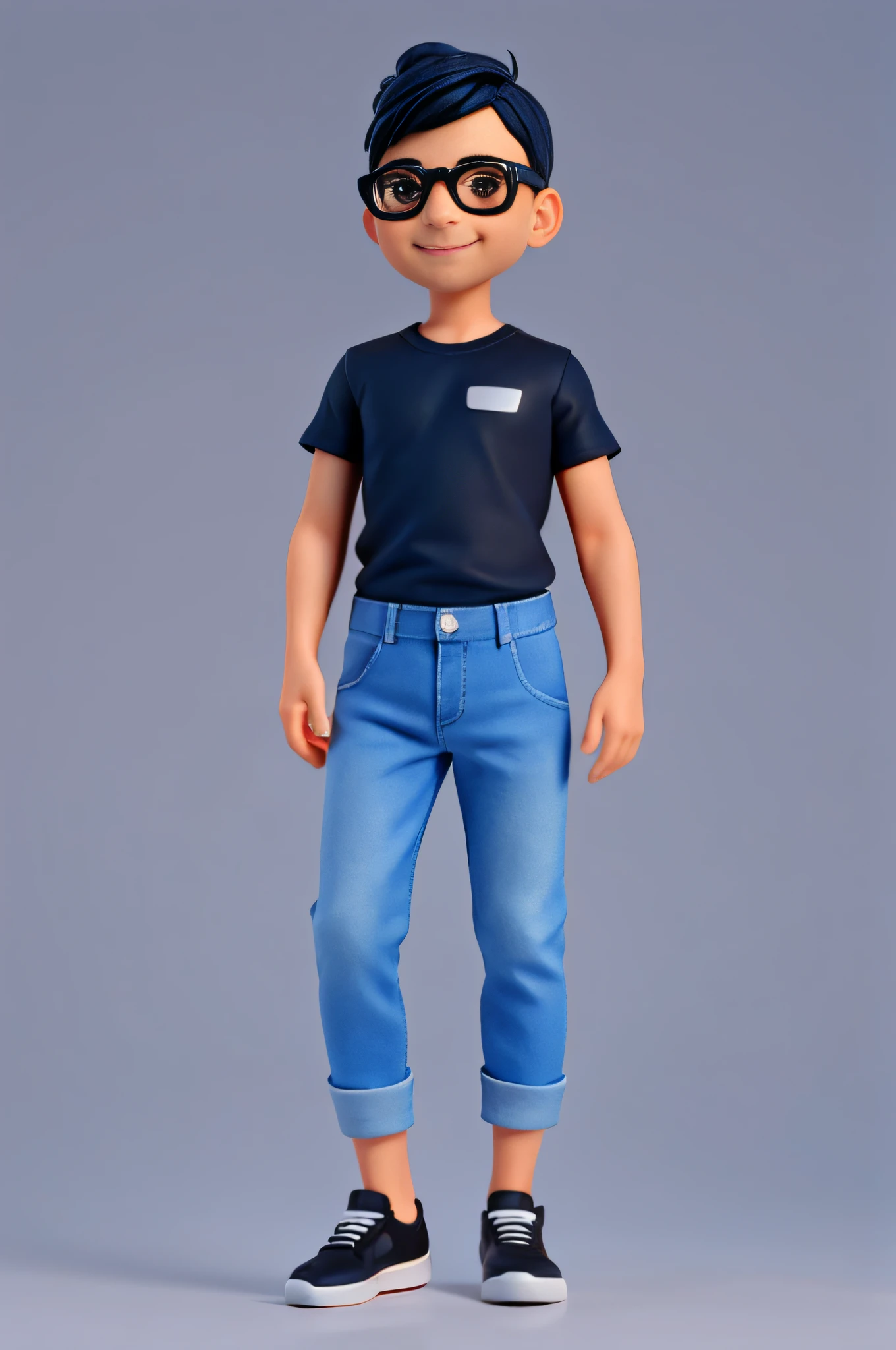 a Cute small male Fashion designer , 41-years-old, huge head, short airplane hair, super short hair，smile with very deep dimples，fit,  Wear  white T-shirt and dark blue jeans and black nike running shoes，full body view, fantasy, dreamlike, surrealism, super cute, trending on artstation