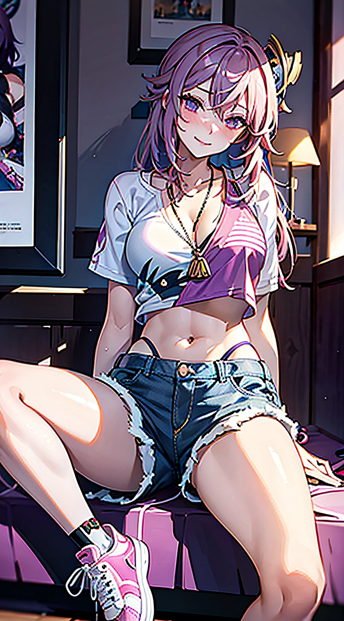 masterpiece, best quality, photorealistic, (indoors:1.2), beautiful lighting, cinematic lighting, bedroom, on bed, lamp, poster,two girl
AND two girl,yae miko, pink hair, teasing, smug, smirk, head tilted, knee up, looking at viewer, glossy skin, sitting, medium breasts, dolphin shorts, denim, navel, midriff, nose blush, necklace, (sneakers:1.2), leaning on person,genshin impact,
AND two girl,raiden shogun, purple hair, purple eyes, serious, blush, looking at viewer, single braid, shirt, long hair, crossed legs, glossy skin, knee up, arm rest, sitting medium breasts, dolphin shorts, denim, smile, necklace,(sneakers:1.2), looking at another, half closed eyes,genshin impact,