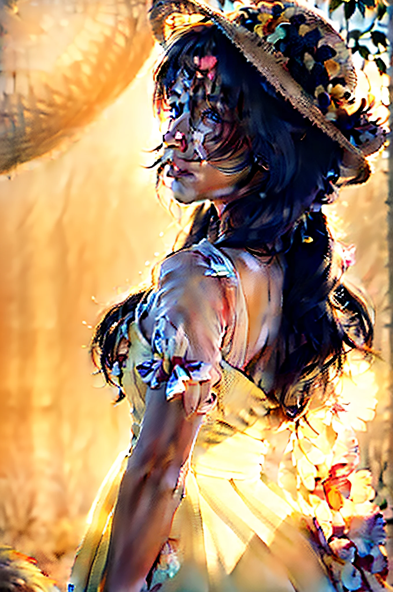(extreme close up:1.5), (face focus:2),(Style of ???? ???:1.5),
((side face:2)),(1girl surrounded by soft_light:1.5), (backlighting:1.8), (lighting),(flowing fabric:1.3), ((Floral_summer_dress:1.5),(Straw_hat:1.3)),
(masterpiece), realistic, HDR, highly detailed, 8k, raw photo,
ambient occlusion, natural, harmonious composition, warm tones, fine art photography,