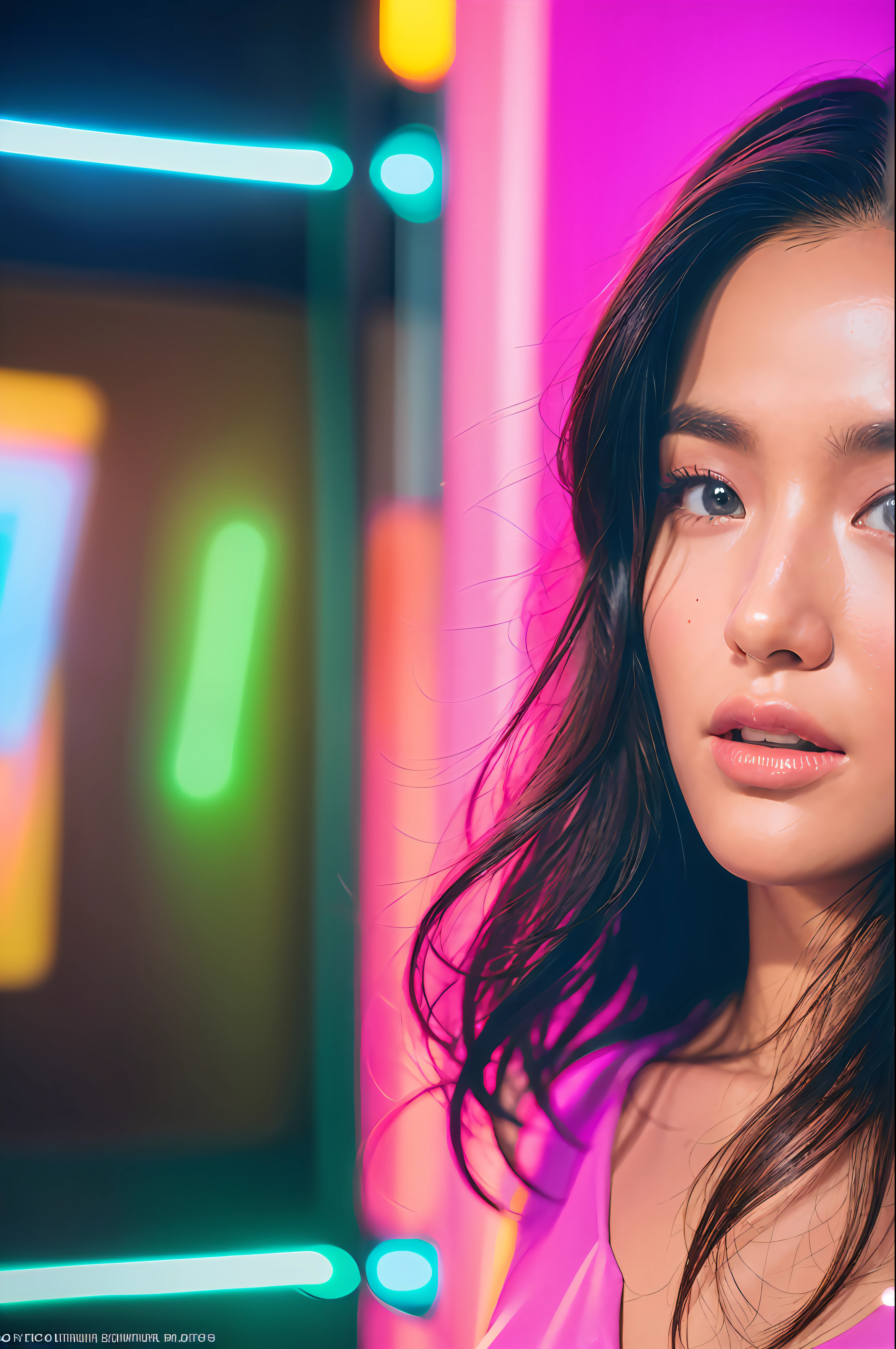 ((Realistic Natural Light, Best Quality, 8K, Masterpiece:1.3)), Ultra High Resolution, (Photorealistic:1.4), Original Photo, Sharp Focus: 1.2, F50, Photo Shoot, Korean Women's Model, Beautiful Woman with Perfect Figure: 1.2, Wearing a Simple Luxury Summer Dress, Atmospheric Distance, Instagram, Sunny Morning, Elegant Posture, Wearing an Artistic Necklace and Earrings, Directed by Shane McMellen, Pop Art Style Illuminated by Neon Lights, photographs taken with Ektachrome, surrealist sculptures, softbox lighting, Instax film