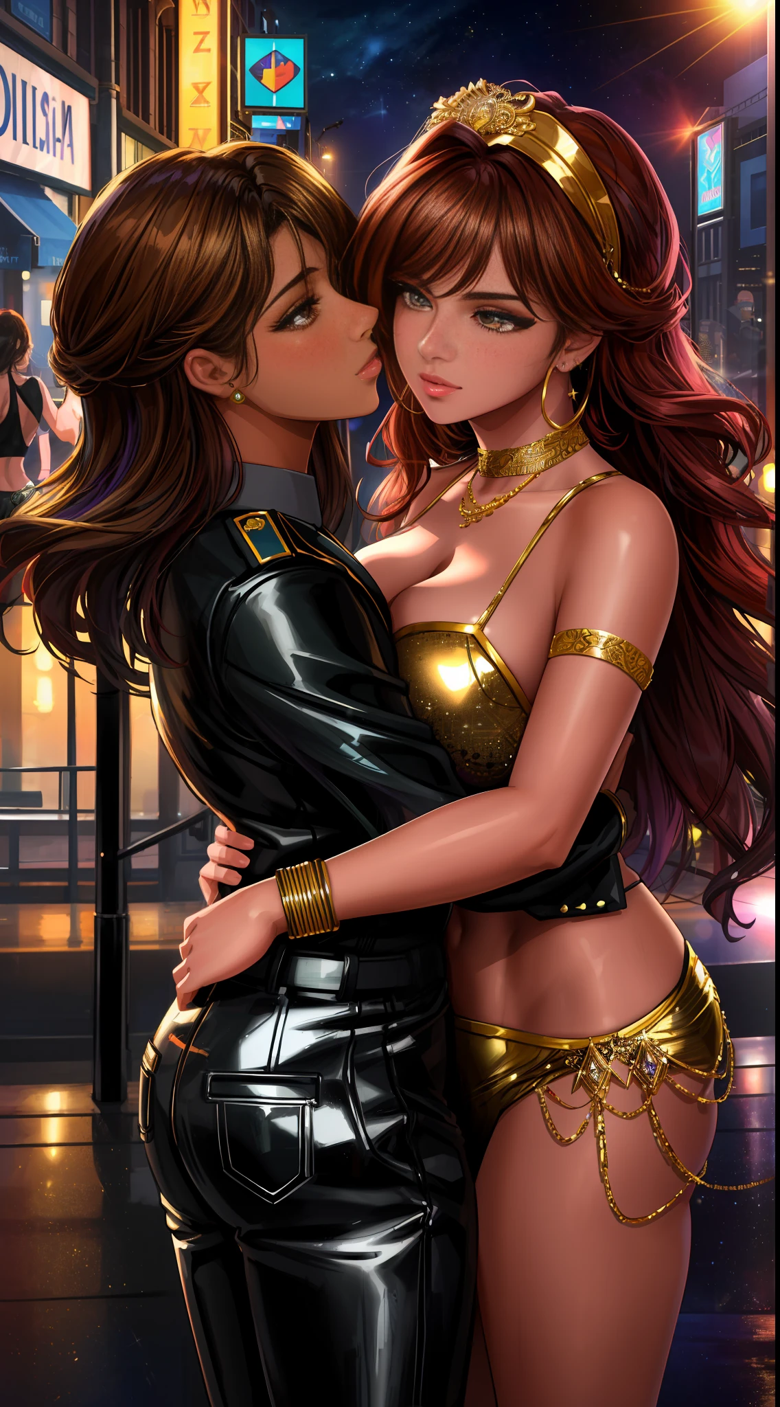 masterpiece, best quality, 8k, HDR, hyper detailed background, 2 women, outisde a night club, A police officer is kissing a dancer, the dancer is handcuffed, one woman has bronze skin and looks like Ella Balinska, the other woman is white and looks like Camila Queiroz, lesbian, yuri, lascivious,