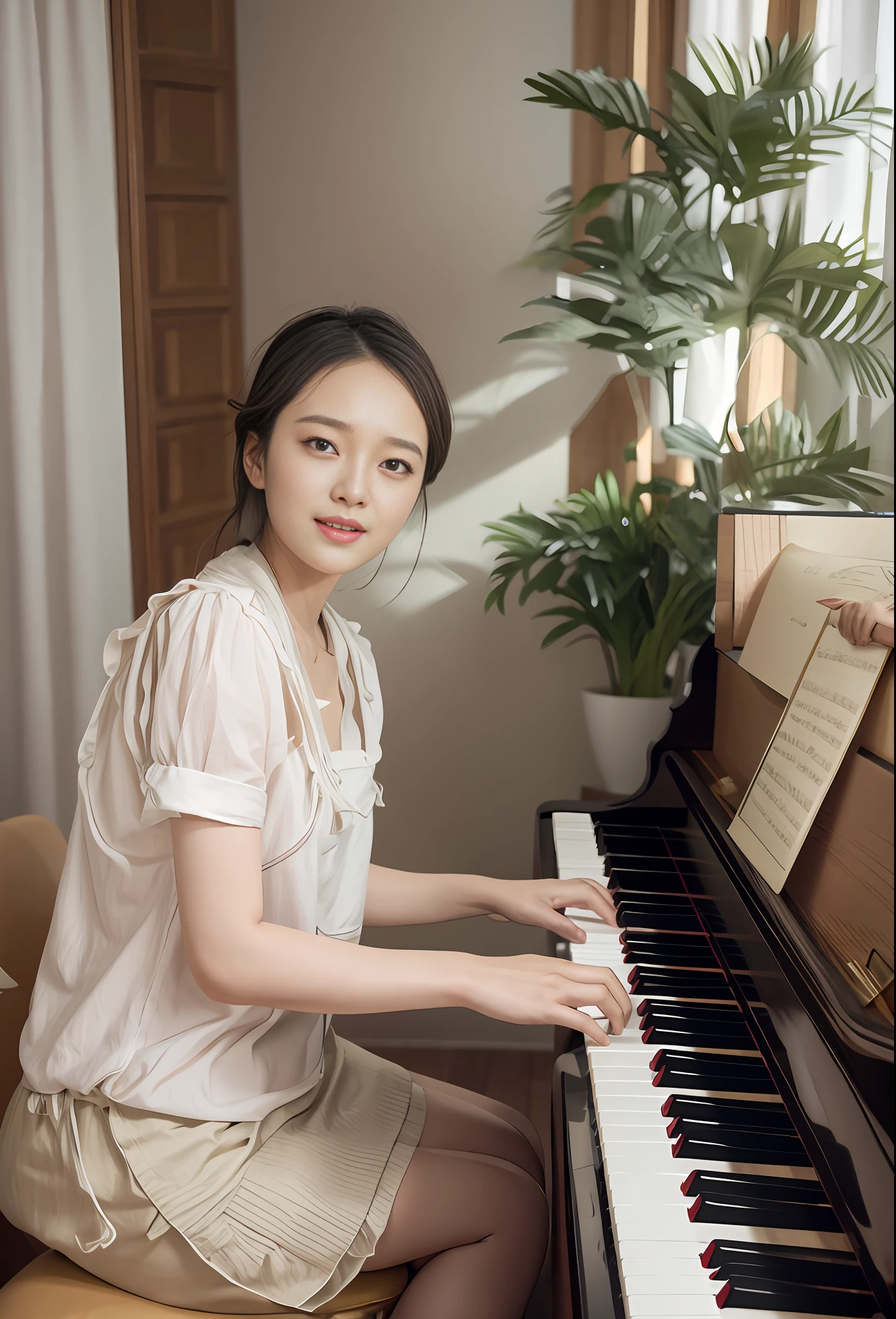Woman sitting on stool playing piano, happy, happy, pianist, playing piano, Nam Jae-yeon, winning work, living room, interior, Gong Bi, Li Zixin, Chen Xintong, warm and joyful atmosphere, Korean artist, Kawai, Jang Louise, Lee Ji-eun, Lee Ji-eun, Lee Ji-eun, Cheng Yanjun, Shin Min-jung