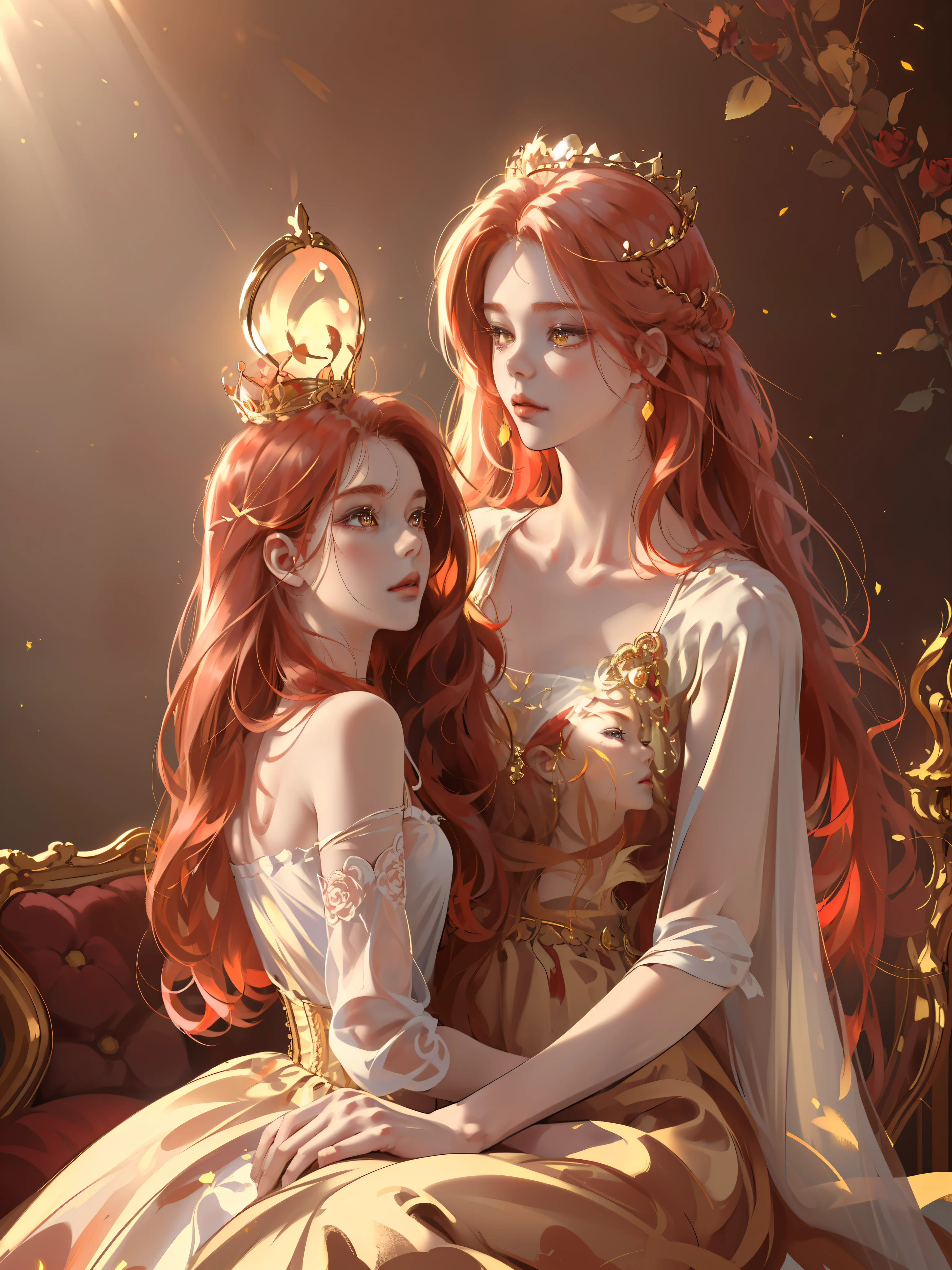 (((Masterpiece)), high quality, super detailed, red hair + golden clothing: 1.2, sweet and delicate girl, delicate facial features, perfect body, ta, crown, face with decoration, rose, bright bright colors, pearl white background, romantic long hair, natural light, warm and sweet, golden eyes, gorgeous hair decoration.