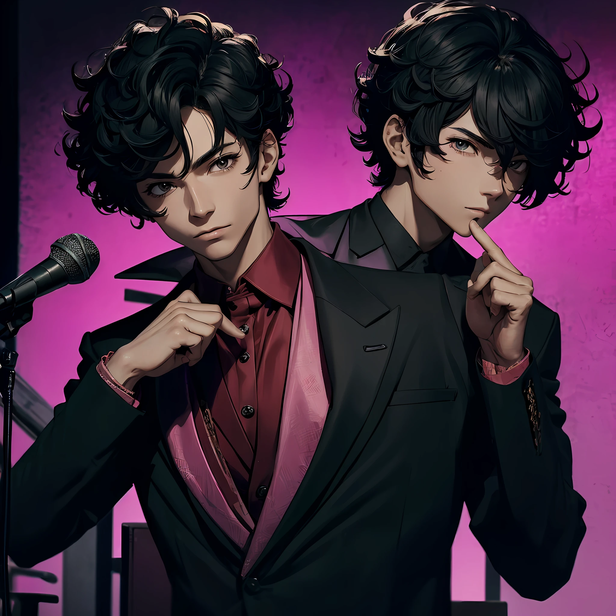 30 years old, one Japan male, medium short hair, curly hair, black hair, vocalist, suit style costume, no background, solid pink background