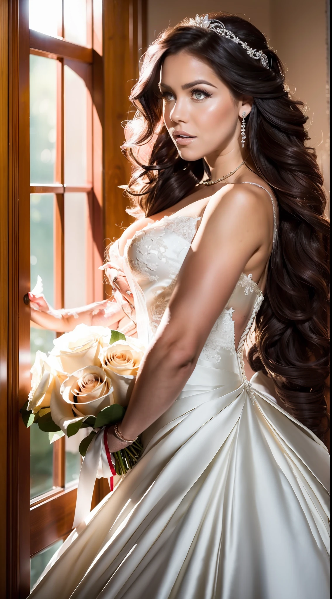 woman, 27 year old, solo, masterpiece, (8k, best quality, masterpiece:1.2), highly detailed, ultra-detailed, masterclass, best quality, illustration, hair between eyes, perfect lighting, medium breasts, hair ornament, long curly hair , (delicate eyes), (hazel eyes), (detailed facial features), full body, long hair, blush, cowboy shot, feathers hair ornament, (rose wedding dress:1.2) night, windows, indoors, light, indoors, carpet