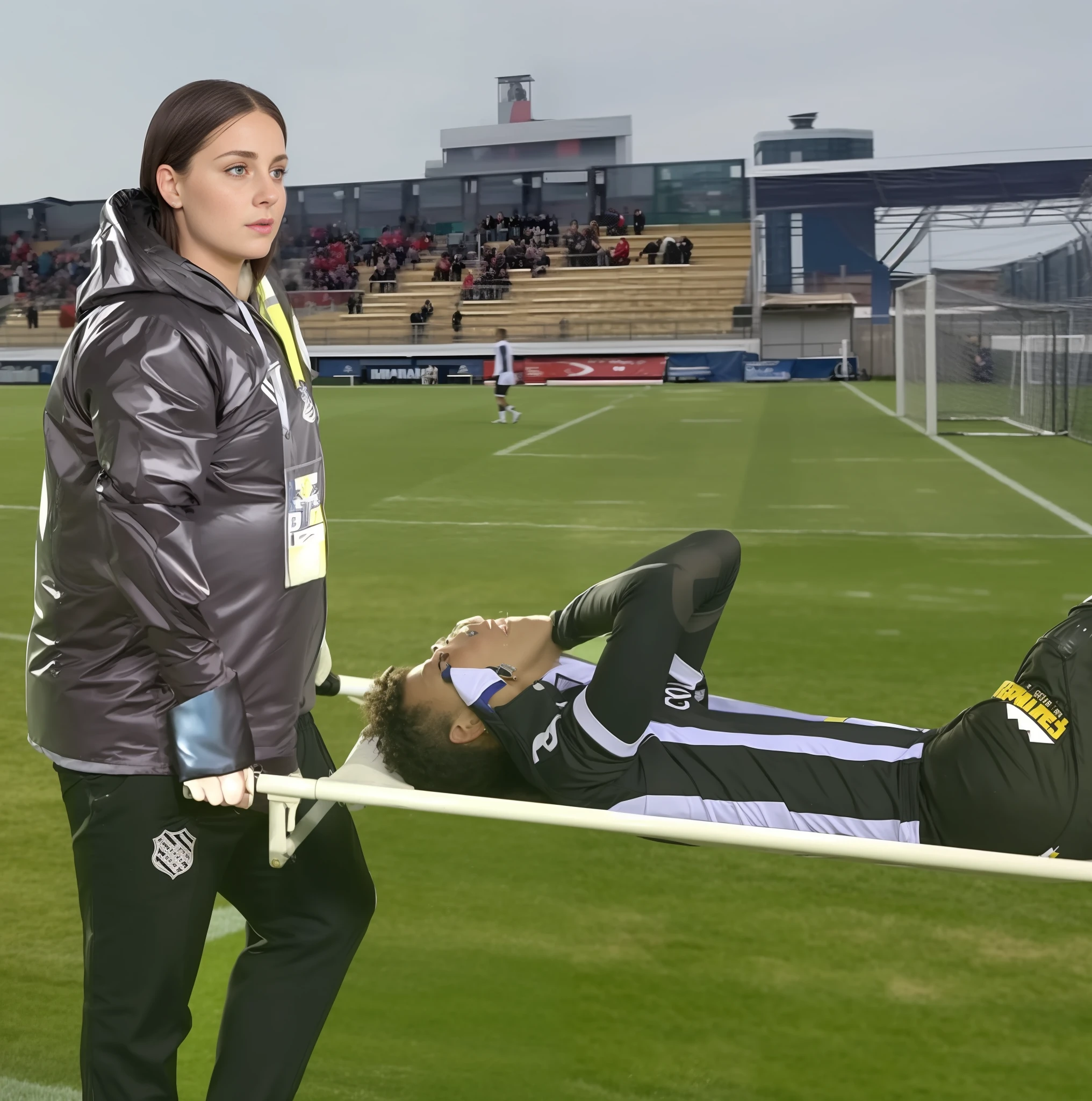 black and white down jacket, shiny down jacket, a blond longhaired woman is wearing a very high-gloss and waterproof puffy jacket and shiny leather pqants, the woman is carrying a stretcher in a sports stadium, on the stretcher lies a young Caucasian football player, the football player is wearing a white short-sleeved shirt and black shorts, the soccer player is lying on his back on the stretcher and is covering his face with both hands, the woman is angry and shouts out loud, the woman is frightened and looks very concerned, the woman is loving the soccer player and is sending enormous amorous looks to him, the woman is carrying the stretcher out of the soccer field, the sports field in the background is a soccer field with a large visitors' stand, a soccer match is playing in the background, the sports field in the background is a soccer field with a large visitors' stand, a soccer match is playing in the background, dramatic action pose, dramatic suffering pose, accident scene, first-aid-scene, theatralic pity poses