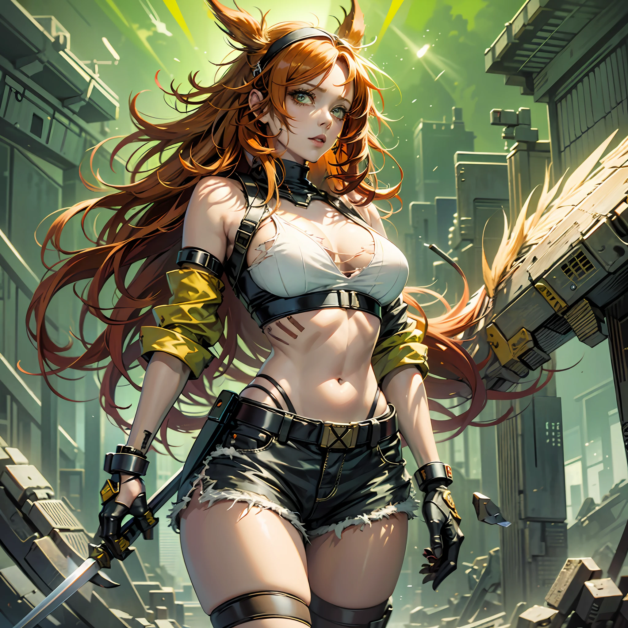 Human, Woman, bipedal, human, anime style, torn shirt, yellow shirt, reddish brown hair, solo, full body, torn shorts, green headband, a hunting spear, detailed eyes, large breasts, anime style, anime, vampire, xmen, anime --auto --s2