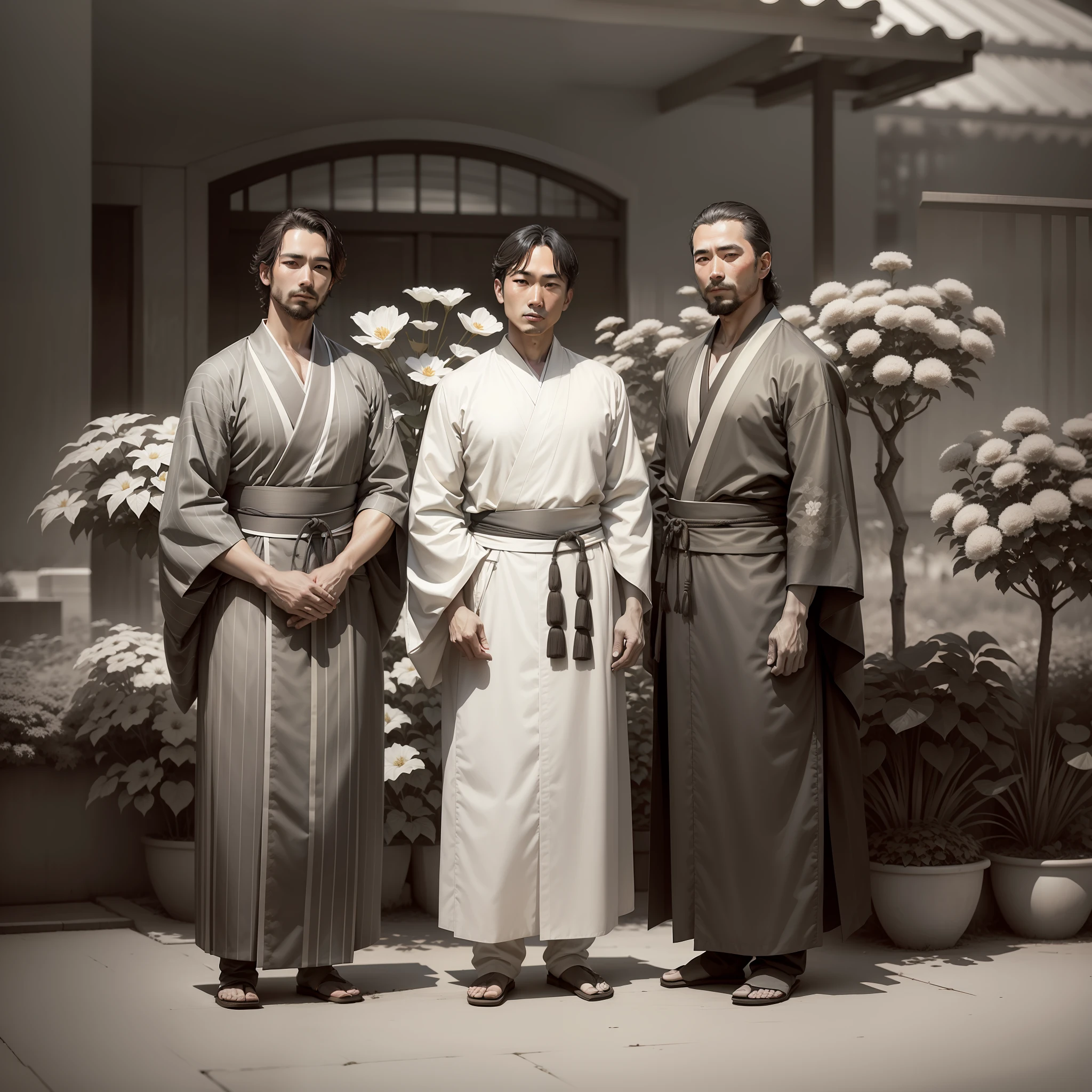 Picture of three men in kimonos standing side by side in the garden