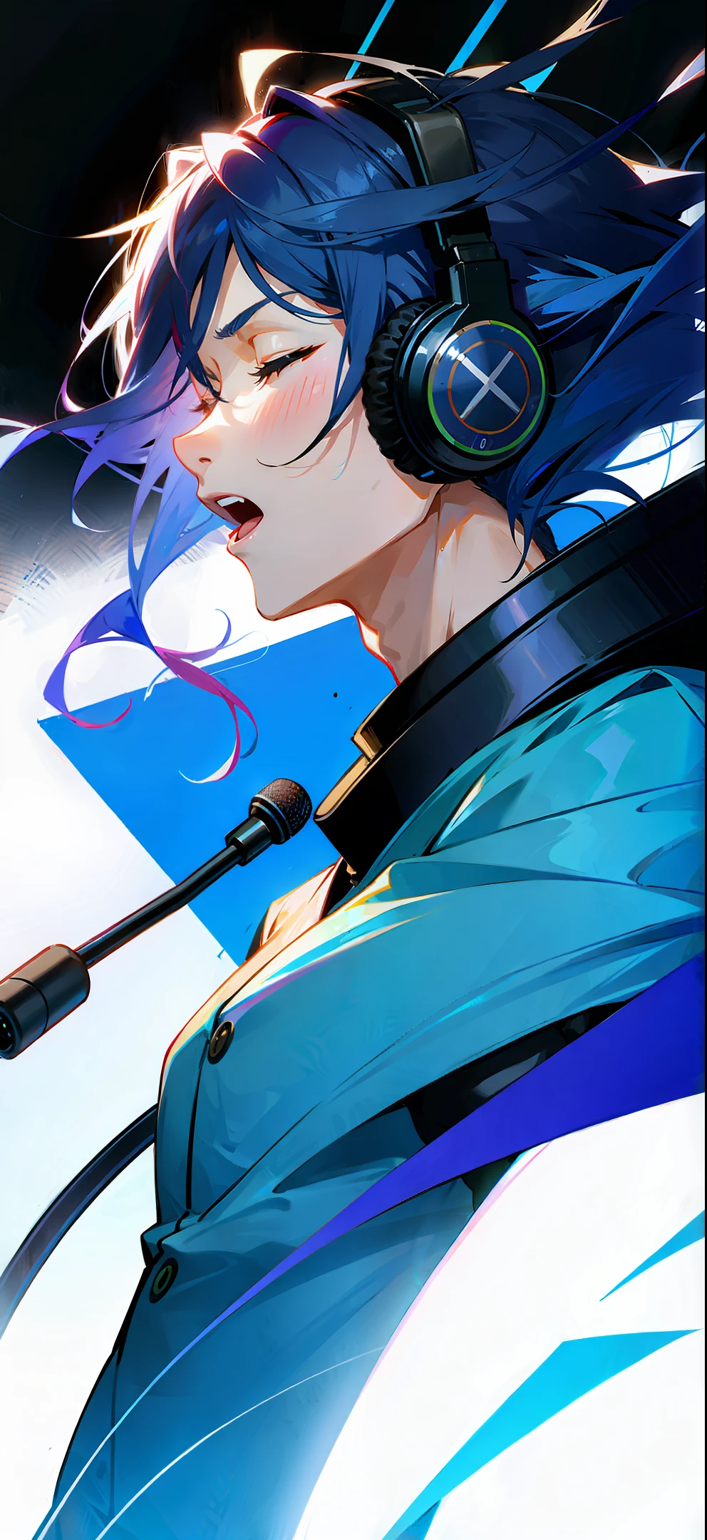 Half-male, side face, long dark blue hair, singing, microphone, headphones, closed eyes,